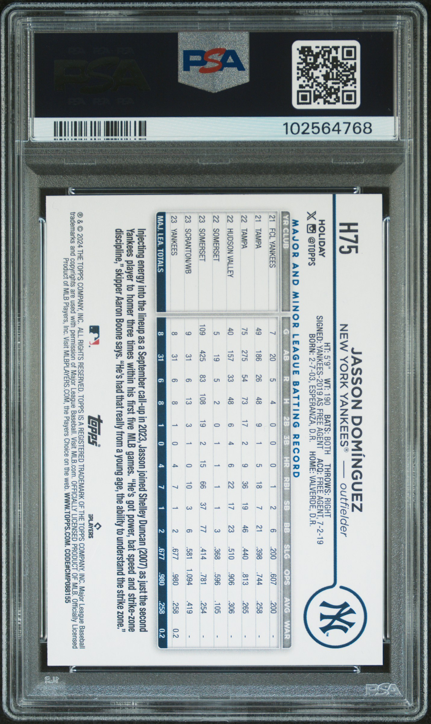 2024 Topps Holiday Jasson Dominguez #H75 (Variation) Nm-Mt 8 back