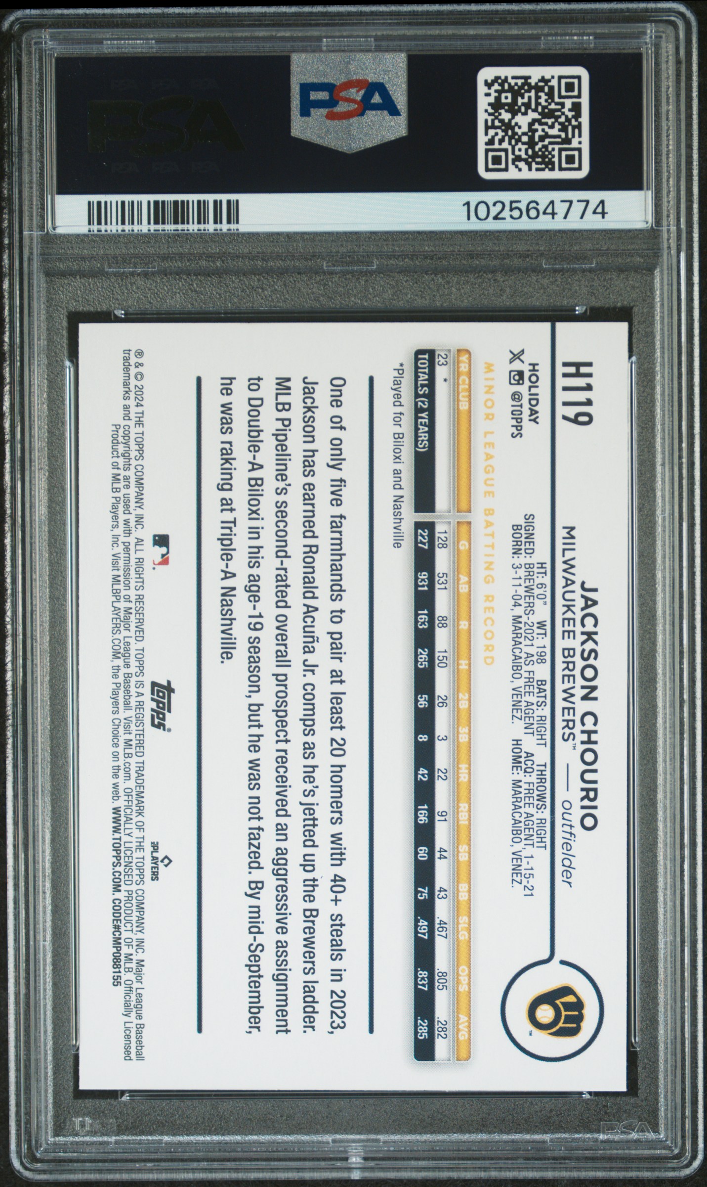 2024 Topps Holiday Jackson Chourio #H119 (Variation) Nm-Mt 8 back