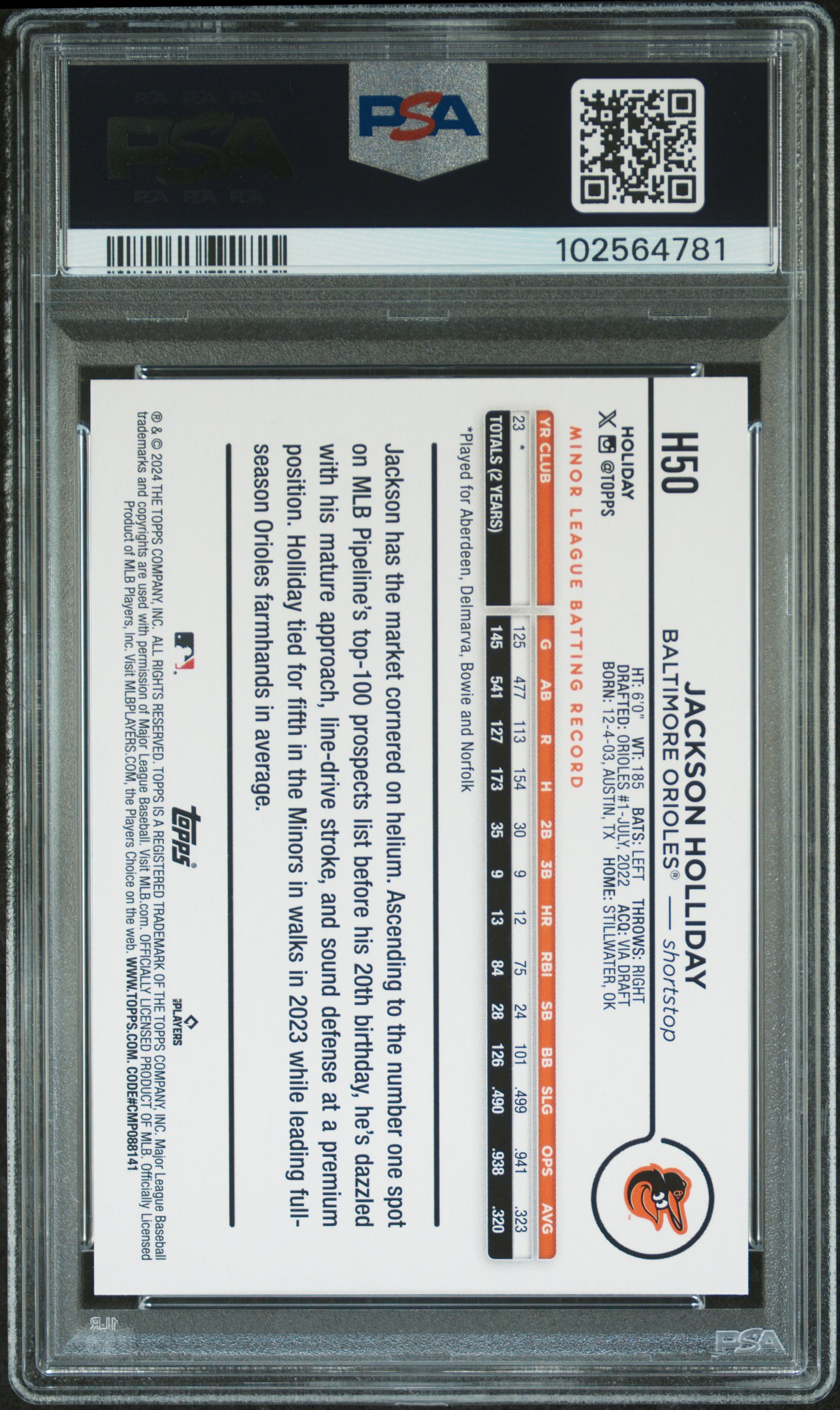 2024 Topps Holiday Jackson Holliday #H50 (Blue Metallic Glitter) Gem Mt 10 back