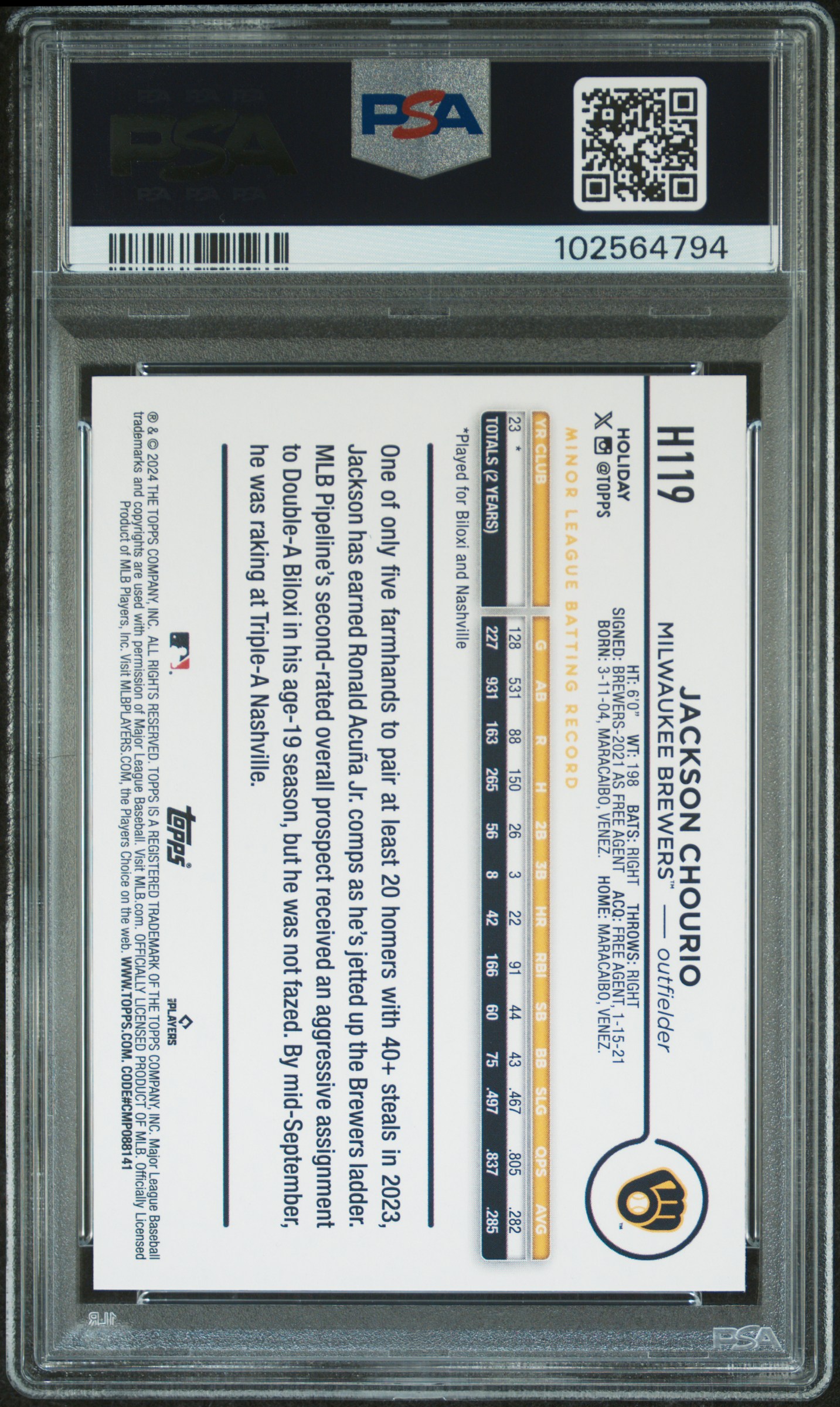 2024 Topps Holiday Jackson Chourio #H119 Nm-Mt+ 8.5 back