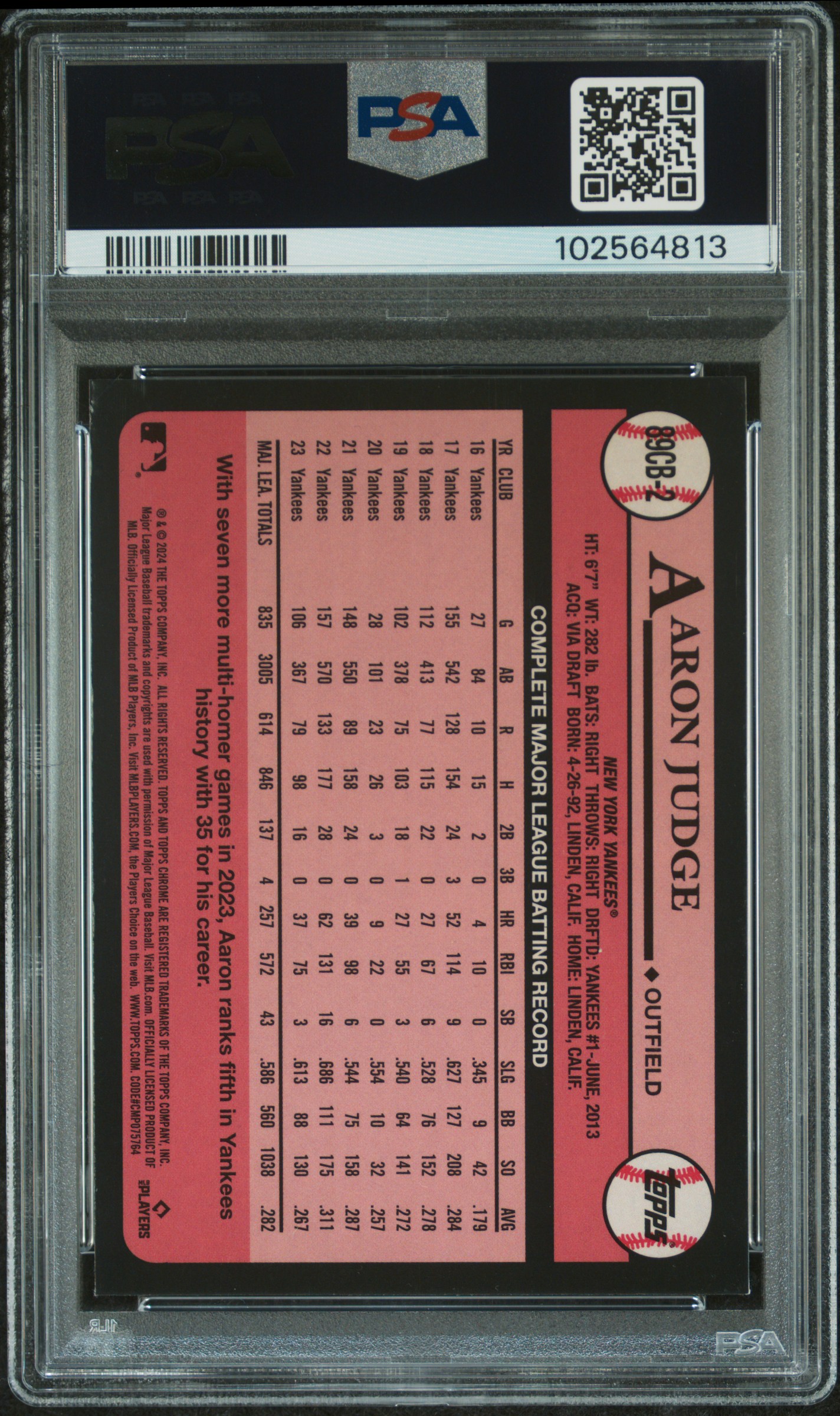 2024 Topps Chrome 1989 Topps Baseball Aaron Judge #2 (1989 Topps-Green Refractor) Mint 9 back