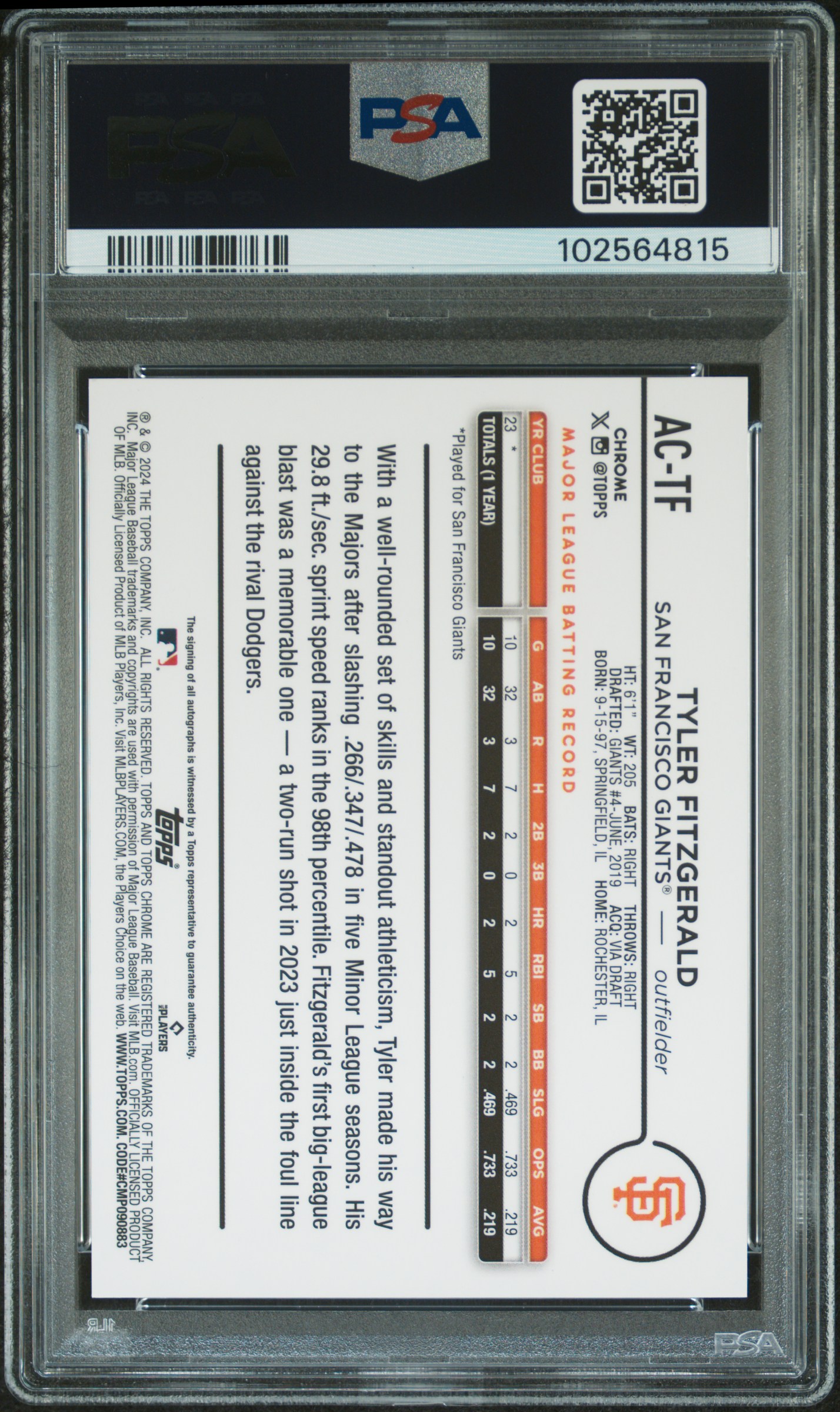 2024 Topps Chrome Update Chrome Baseball Update Series Autographs Tyler Fitzgerald #Actf (Autograph-Aqua Wave) Gem Mt 10 back