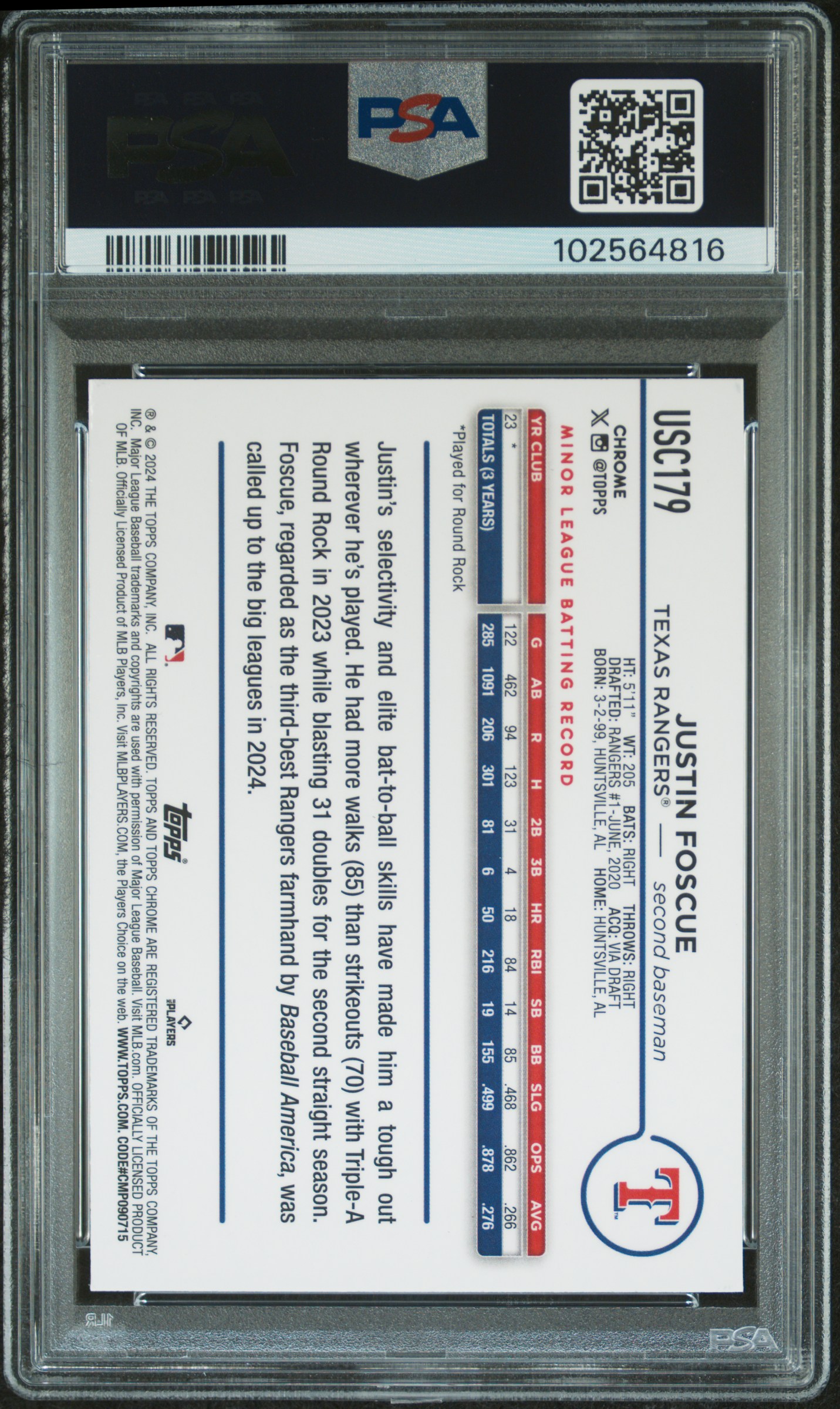 2024 Topps Chrome Update Justin Foscue #Usc179 (Purple Refractor) Mint 9 back