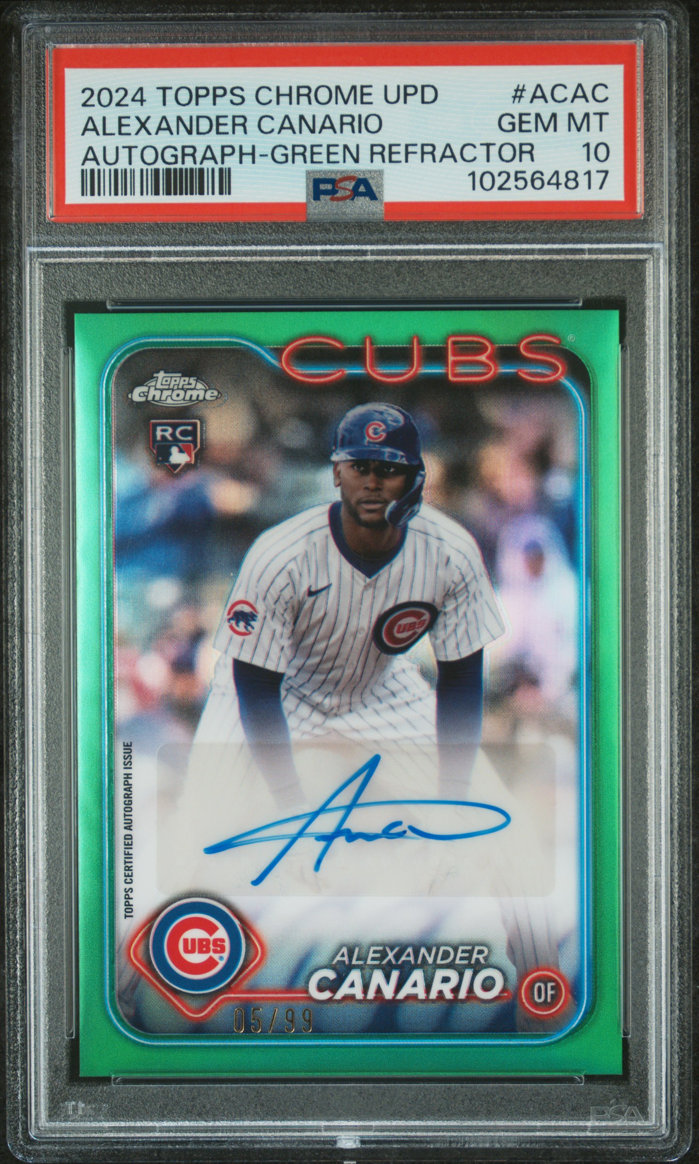2024 Topps Chrome Update Chrome Baseball Update Series Autographs Alexander Canario #Acac (Autograph-Green Refractor) Gem Mt 10 front