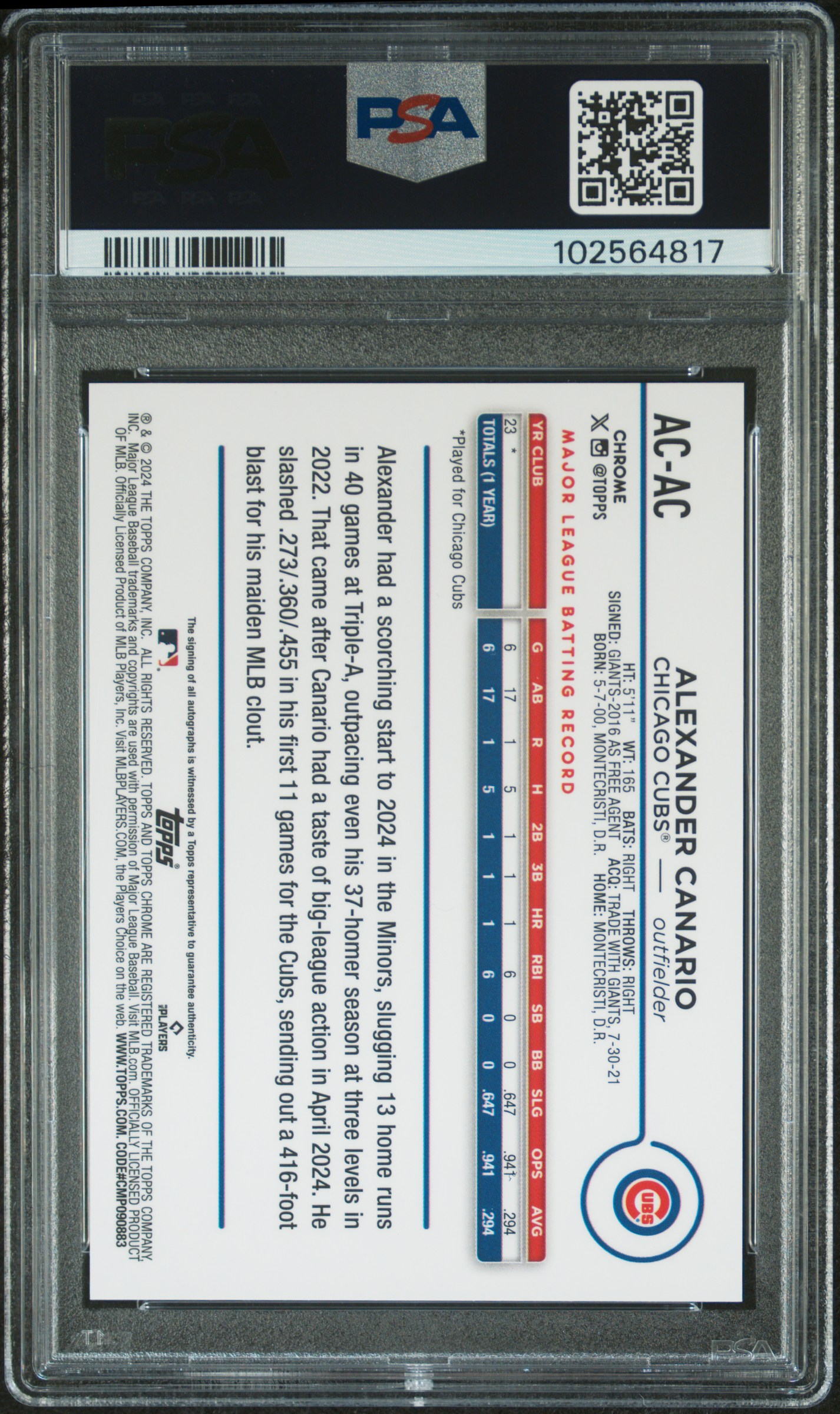 2024 Topps Chrome Update Chrome Baseball Update Series Autographs Alexander Canario #Acac (Autograph-Green Refractor) Gem Mt 10 back