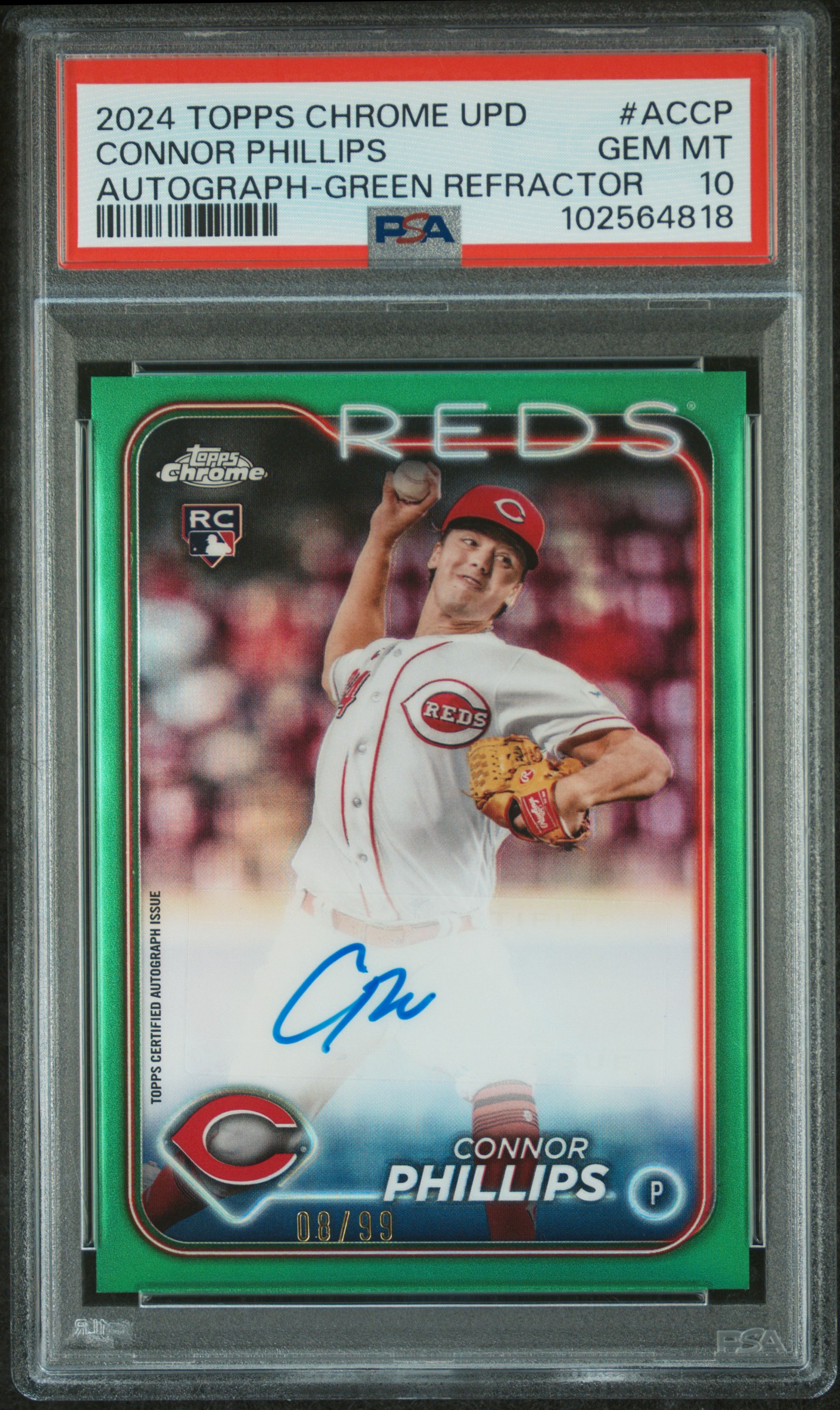 2024 Topps Chrome Update Chrome Baseball Update Series Autographs Connor Phillips #Accp (Autograph-Green Refractor) Gem Mt 10 front