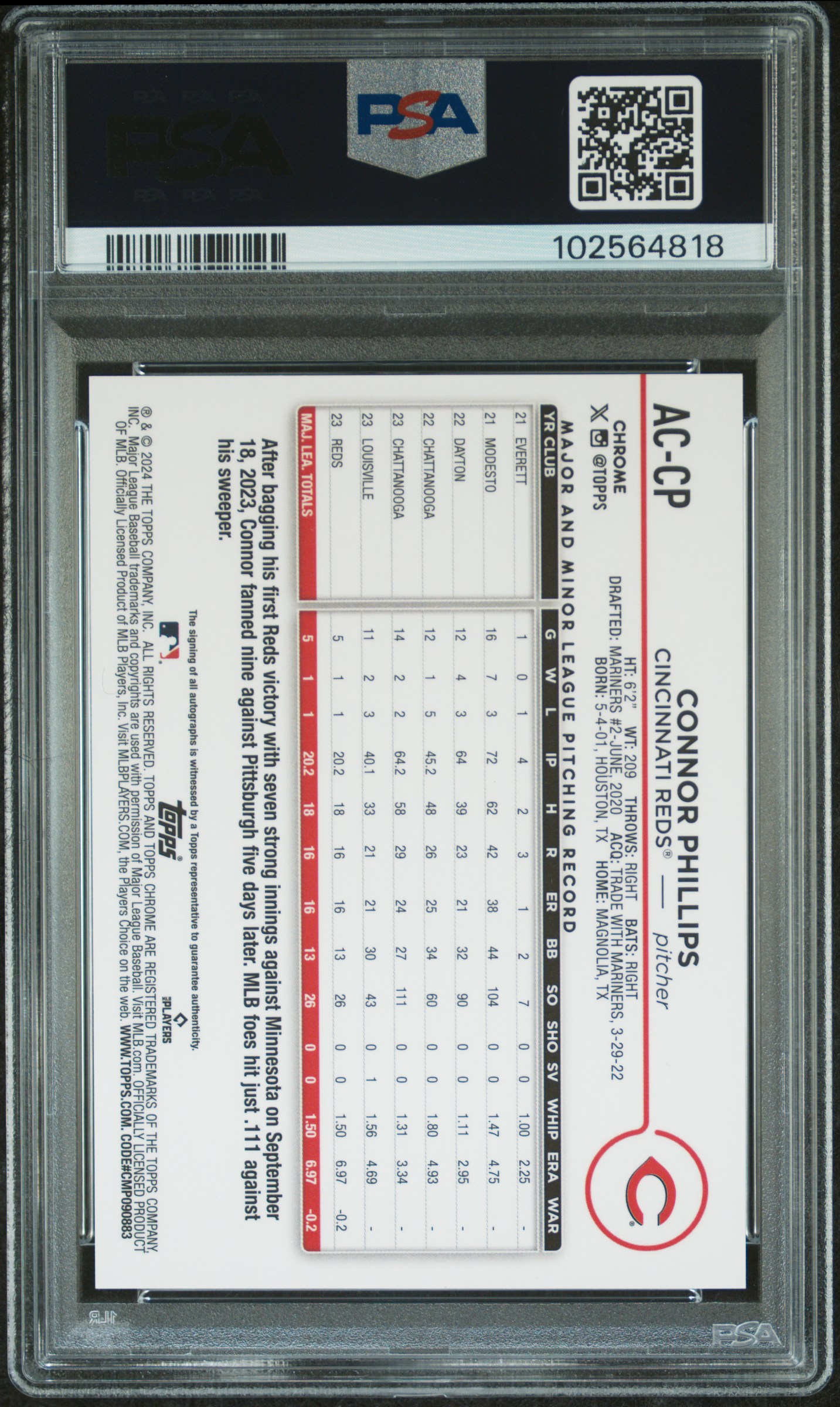 2024 Topps Chrome Update Chrome Baseball Update Series Autographs Connor Phillips #Accp (Autograph-Green Refractor) Gem Mt 10 back