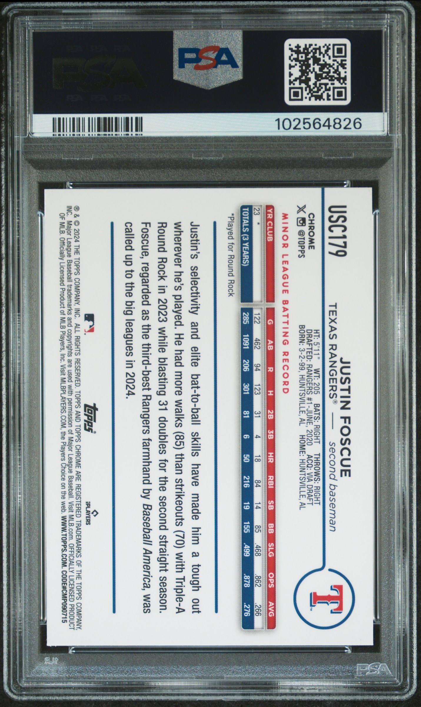 2024 Topps Chrome Update Justin Foscue #Usc179 (Green Raywave) Gem Mt 10 back