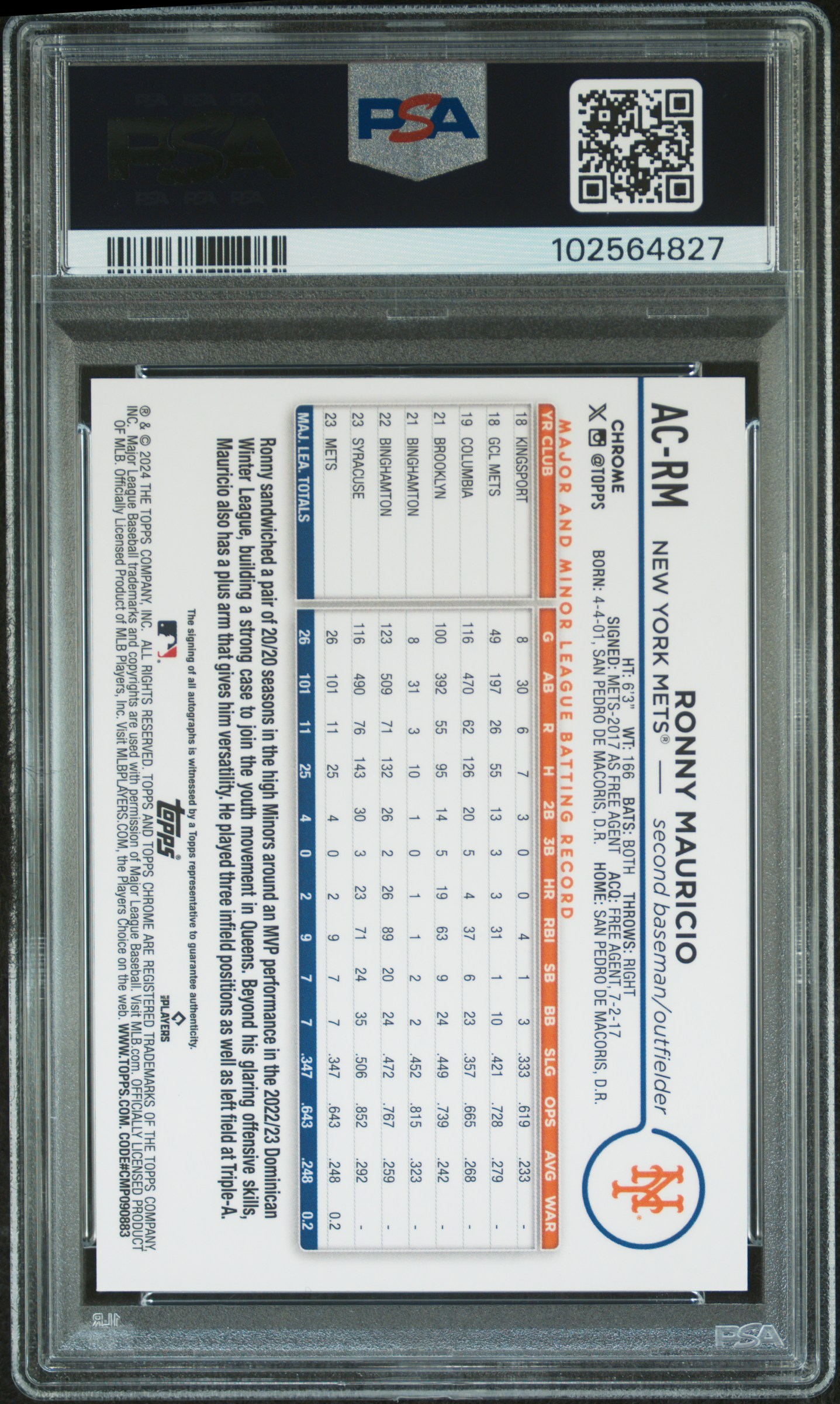 2024 Topps Chrome Update Chrome Baseball Update Series Autographs Ronny Mauricio #Acrm (Autograph-Blue Raywave) Gem Mt 10 back
