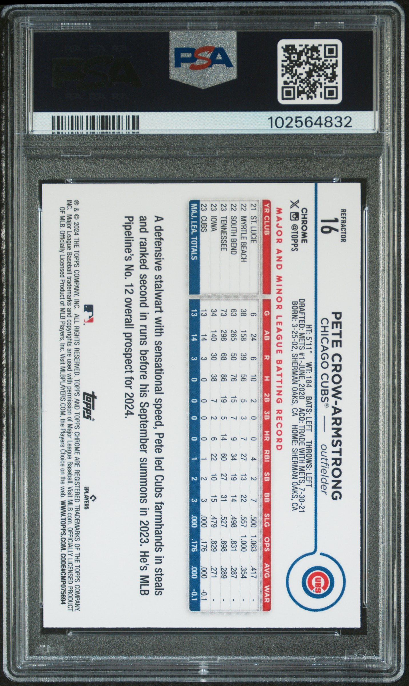 2024 Topps Chrome Pete Crow-Armstrong #16 (Refractor) Gem Mt 10 back