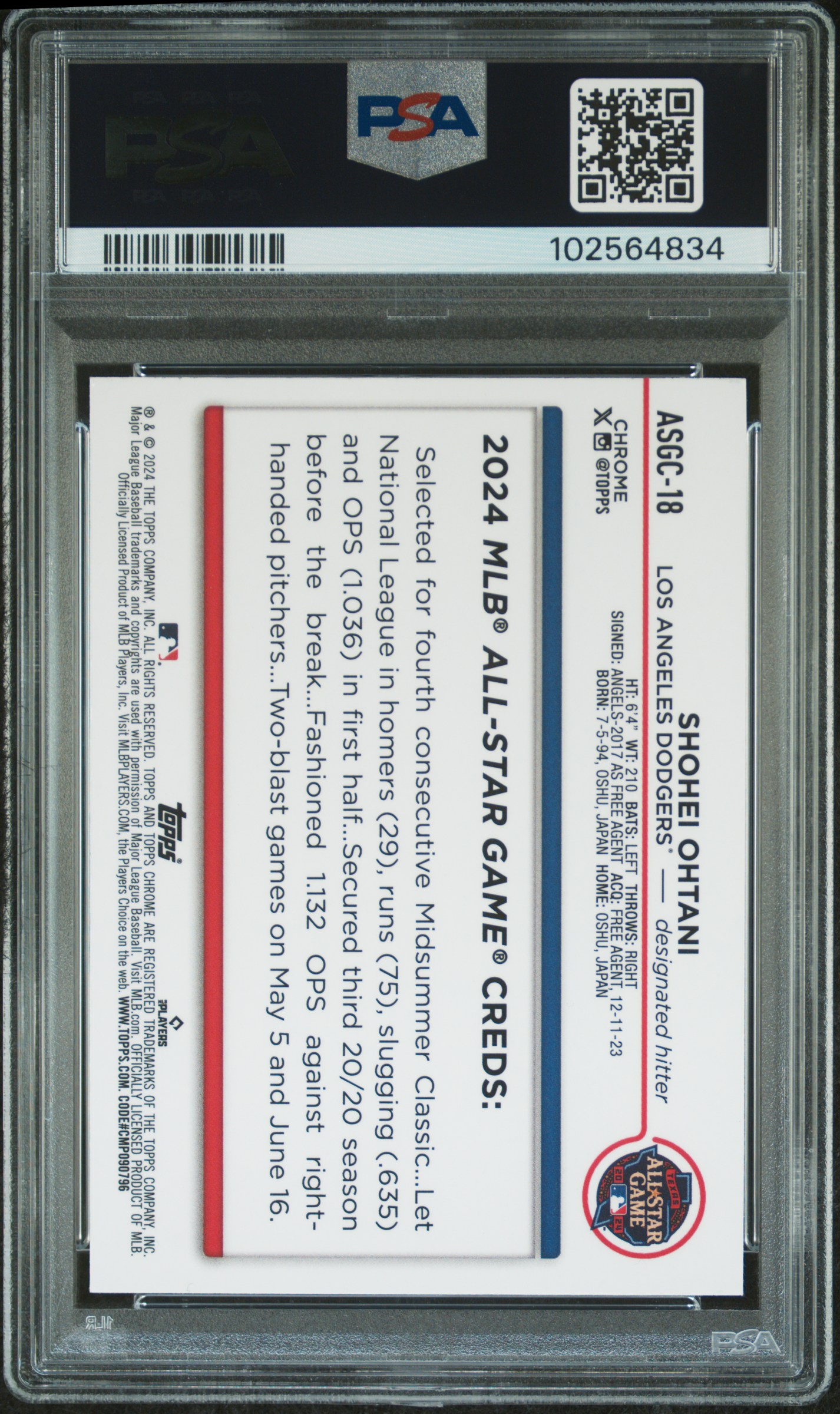 2024 Topps Chrome Update 2024 All-Star Game Chrome Shohei Ohtani #18 Gem Mt 10 back