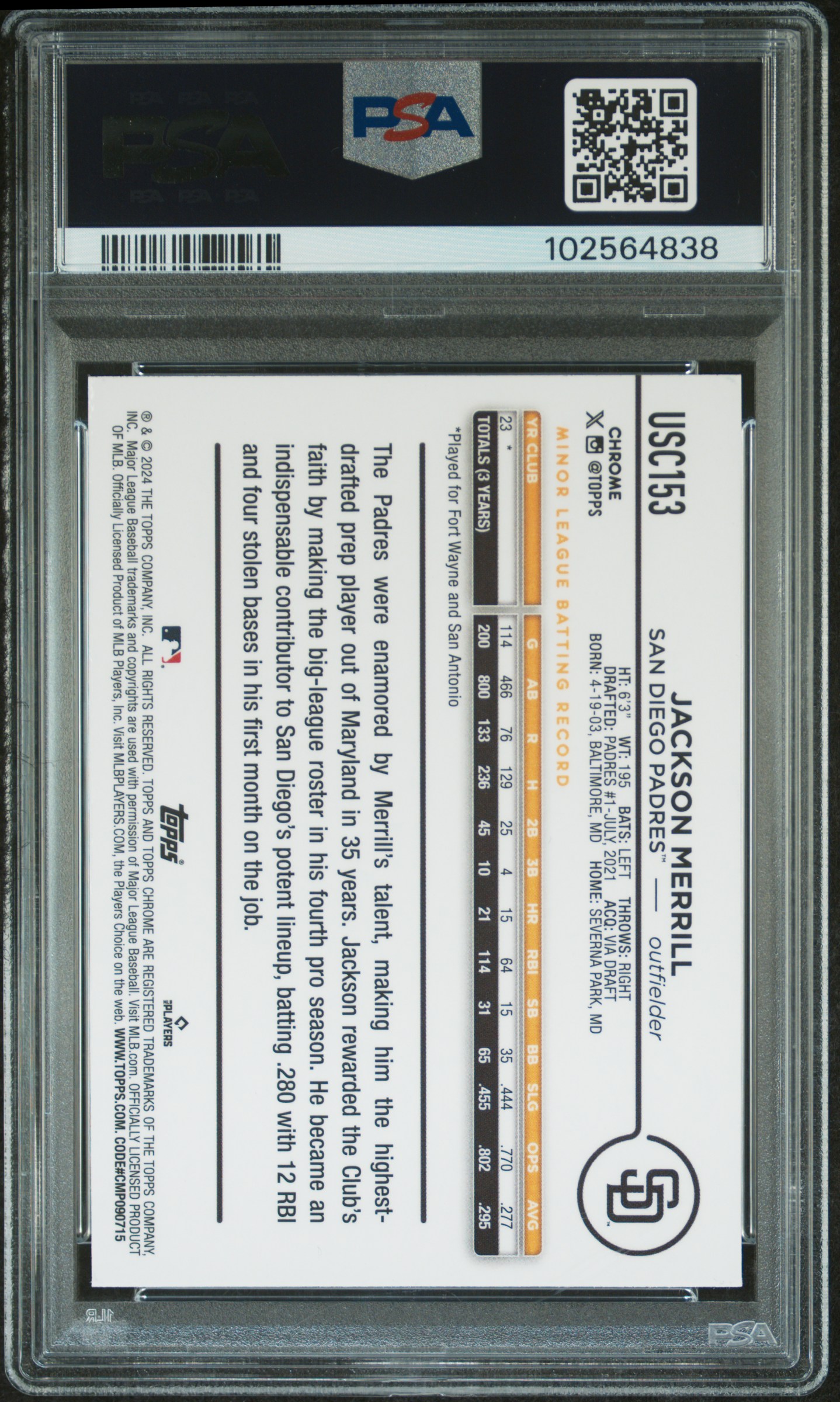 2024 Topps Chrome Update Jackson Merrill #Usc153 (X-Fractor) Gem Mt 10 back