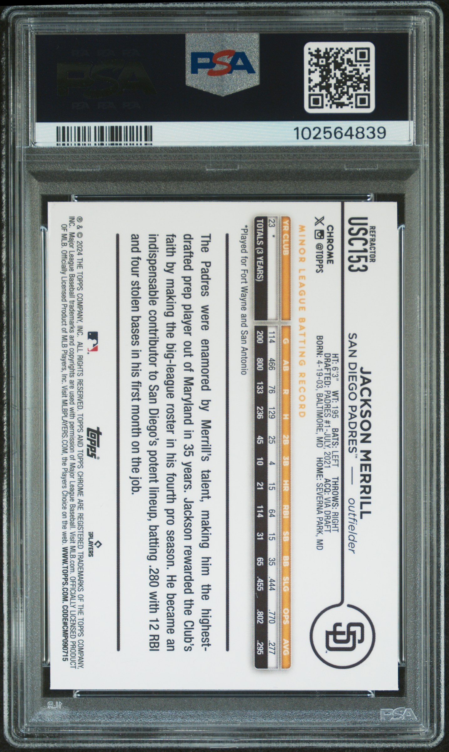 2024 Topps Chrome Update Jackson Merrill #Usc153 (Prism Refractor) Mint 9 back