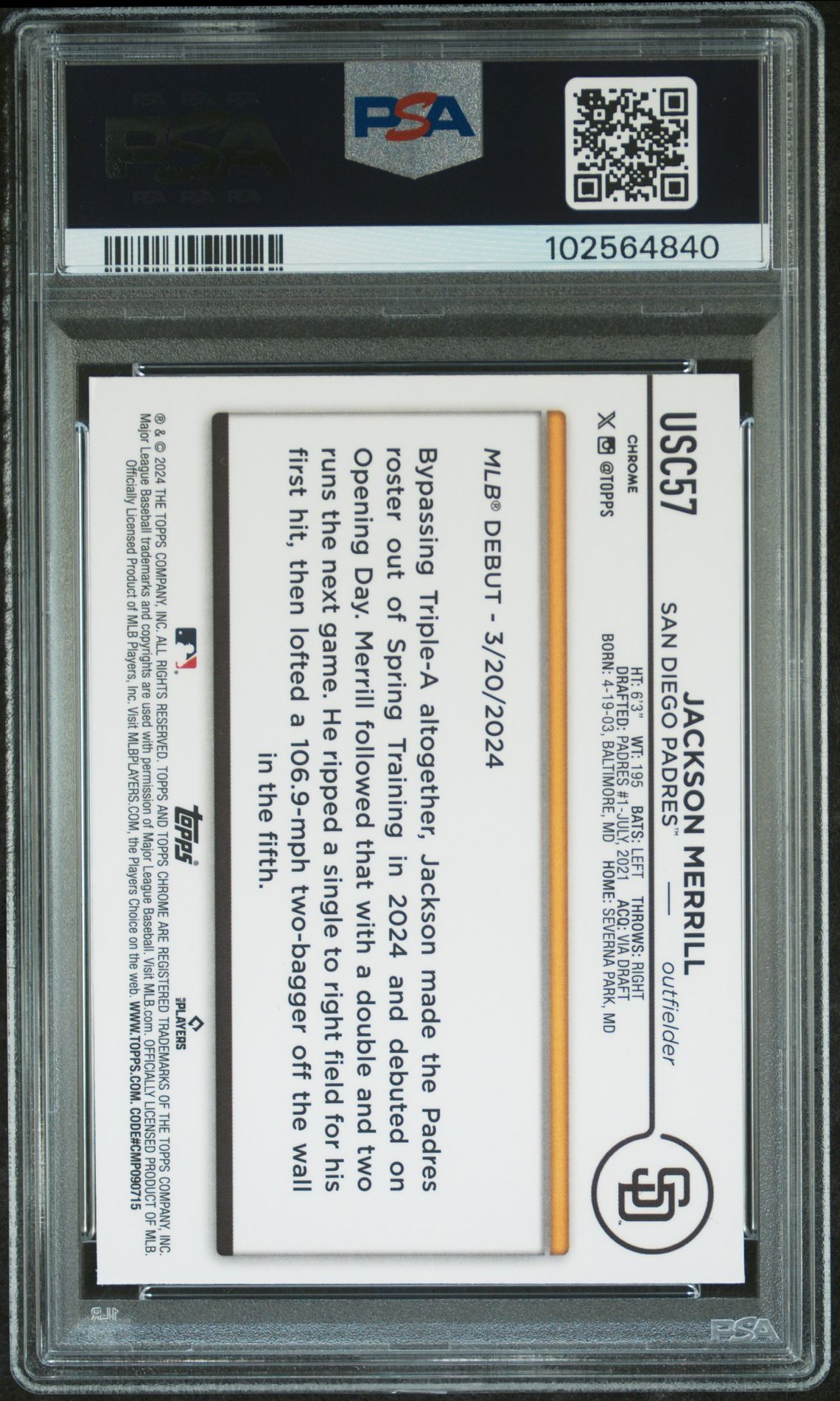 2024 Topps Chrome Update Jackson Merrill #Usc57 (Raywave Refractor) Gem Mt 10 back