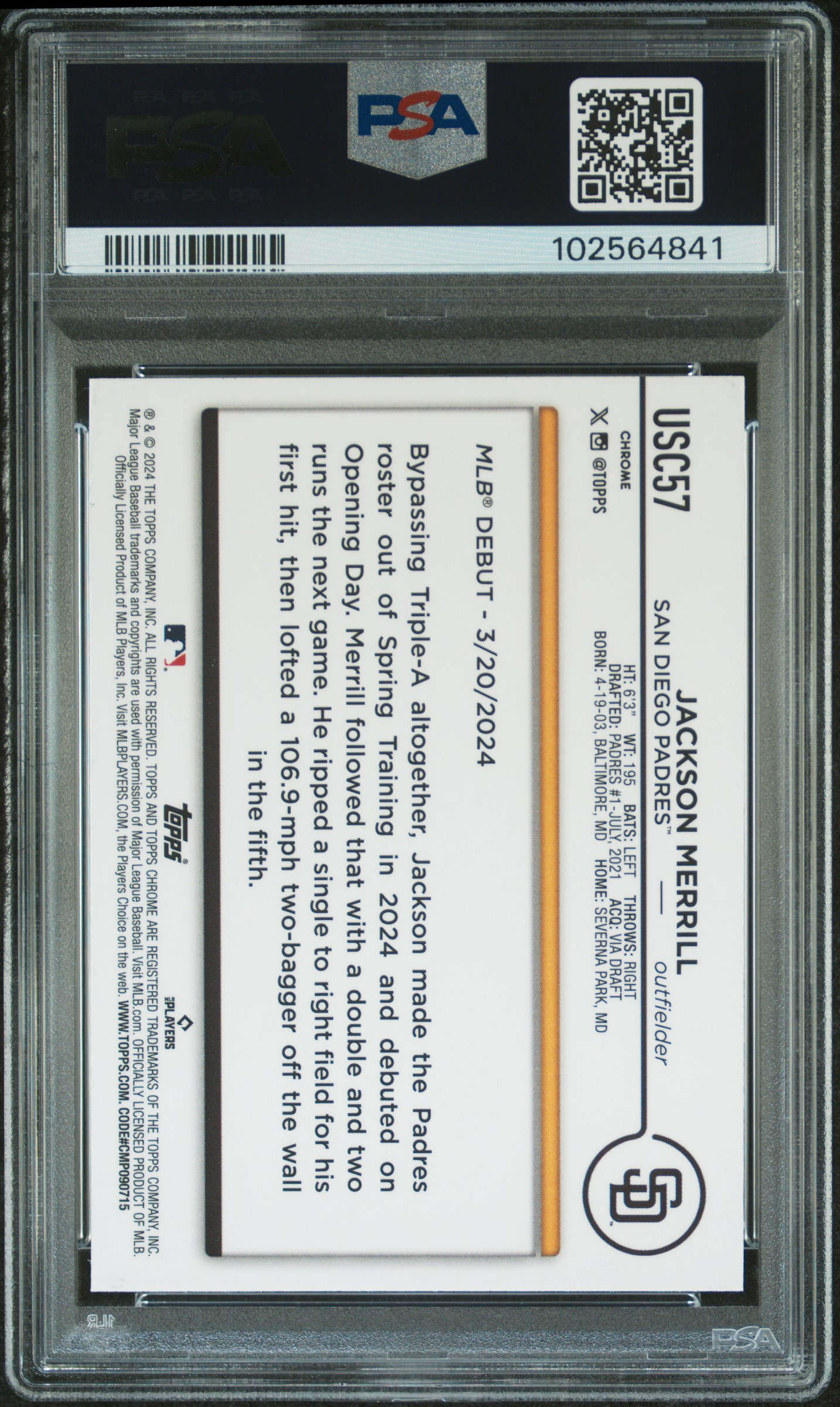 2024 Topps Chrome Update Jackson Merrill #Usc57 (X-Fractor) Gem Mt 10 back