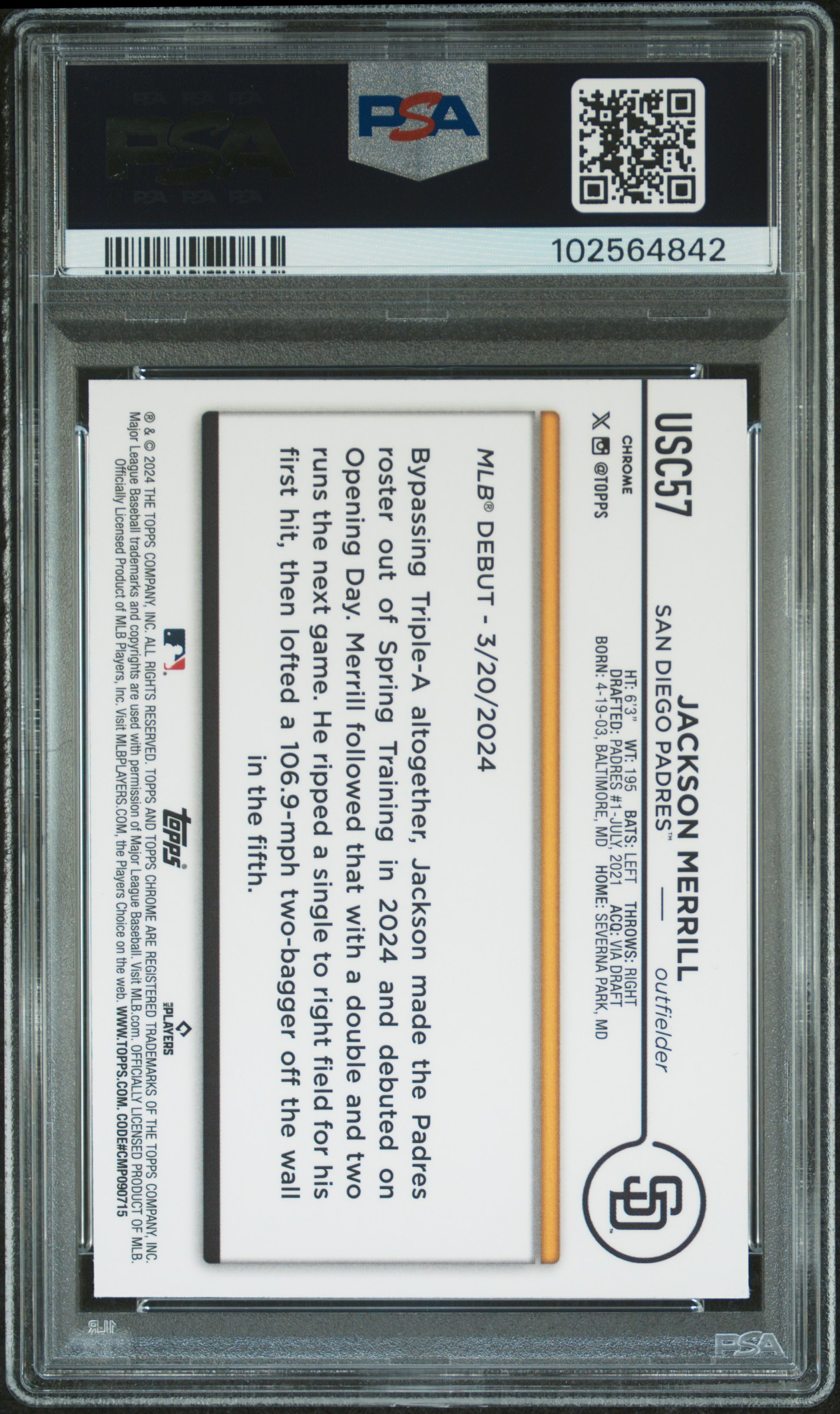 2024 Topps Chrome Update Jackson Merrill #Usc57 (X-Fractor) Gem Mt 10 back