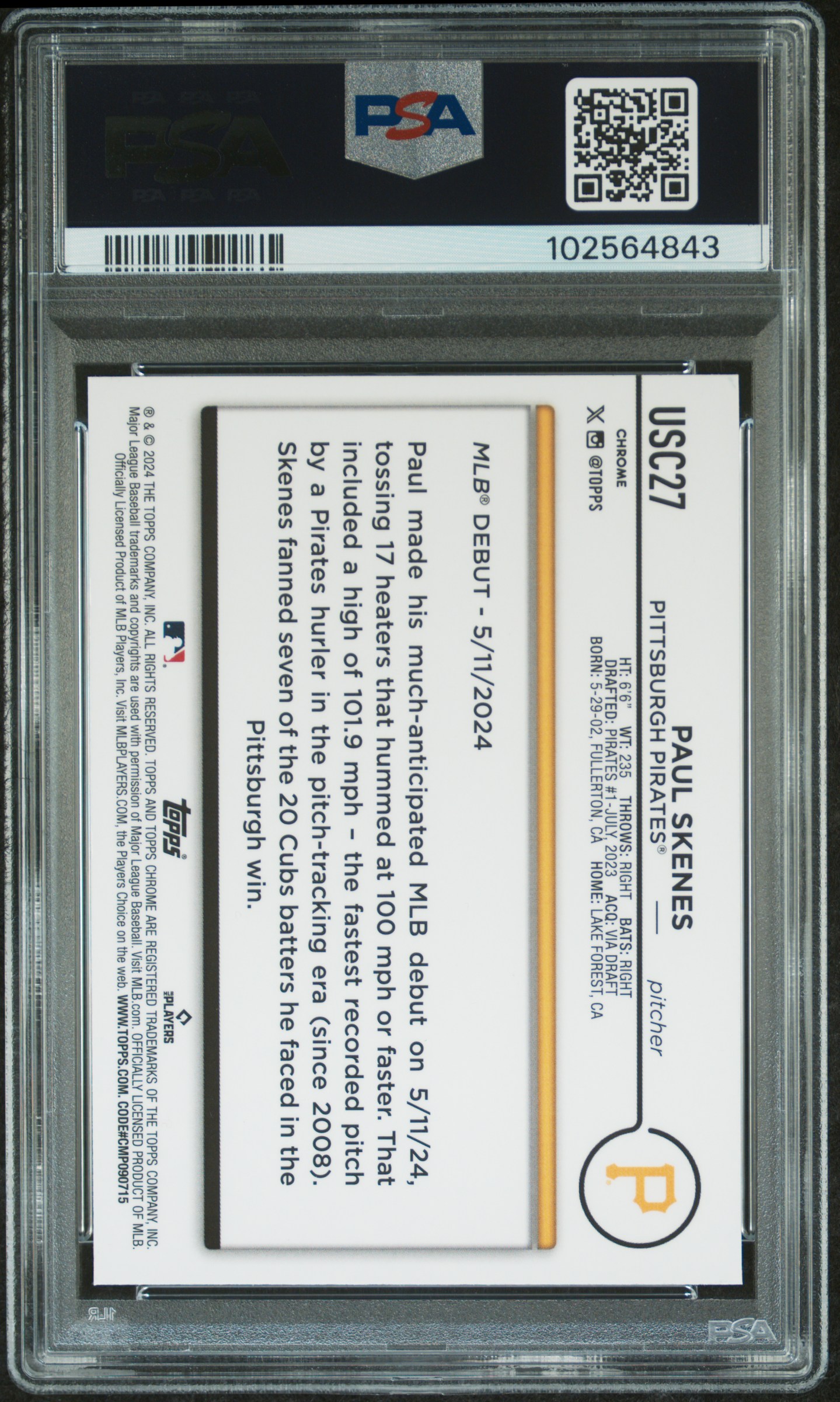 2024 Topps Chrome Update Paul Skenes #Usc27 (X-Fractor) Gem Mt 10 back