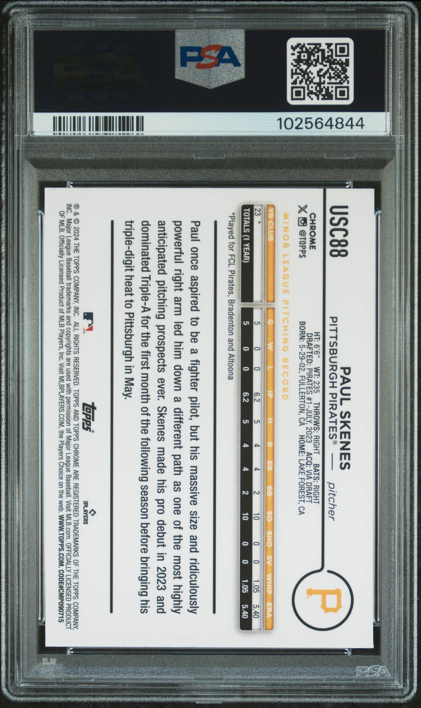 2024 Topps Chrome Update Paul Skenes #Usc88 (X-Fractor) Gem Mt 10 back