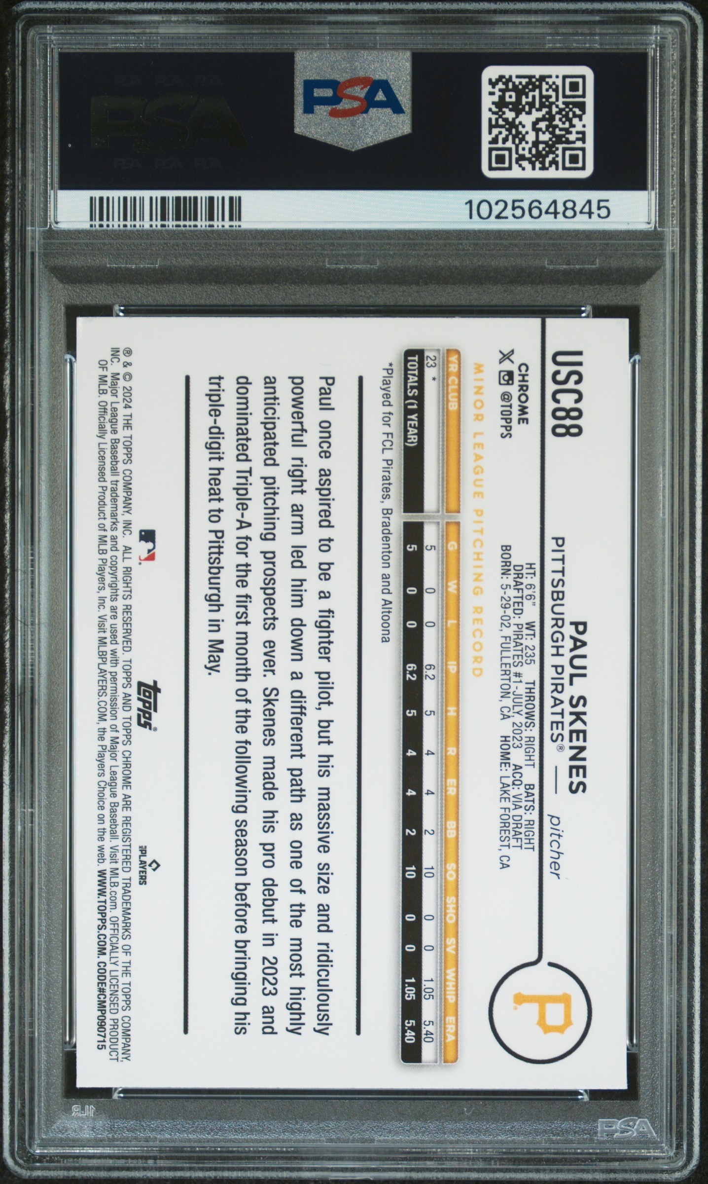 2024 Topps Chrome Update Paul Skenes #Usc88 (X-Fractor) Gem Mt 10 back