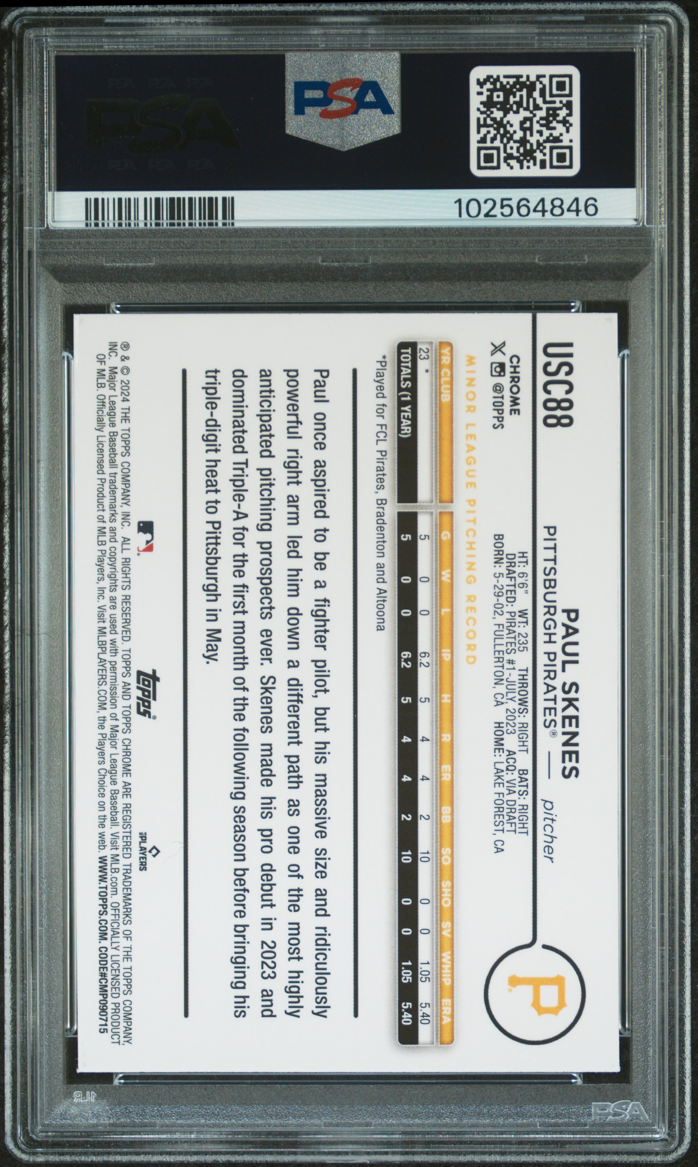 2024 Topps Chrome Update Paul Skenes #Usc88 (X-Fractor) Gem Mt 10 back