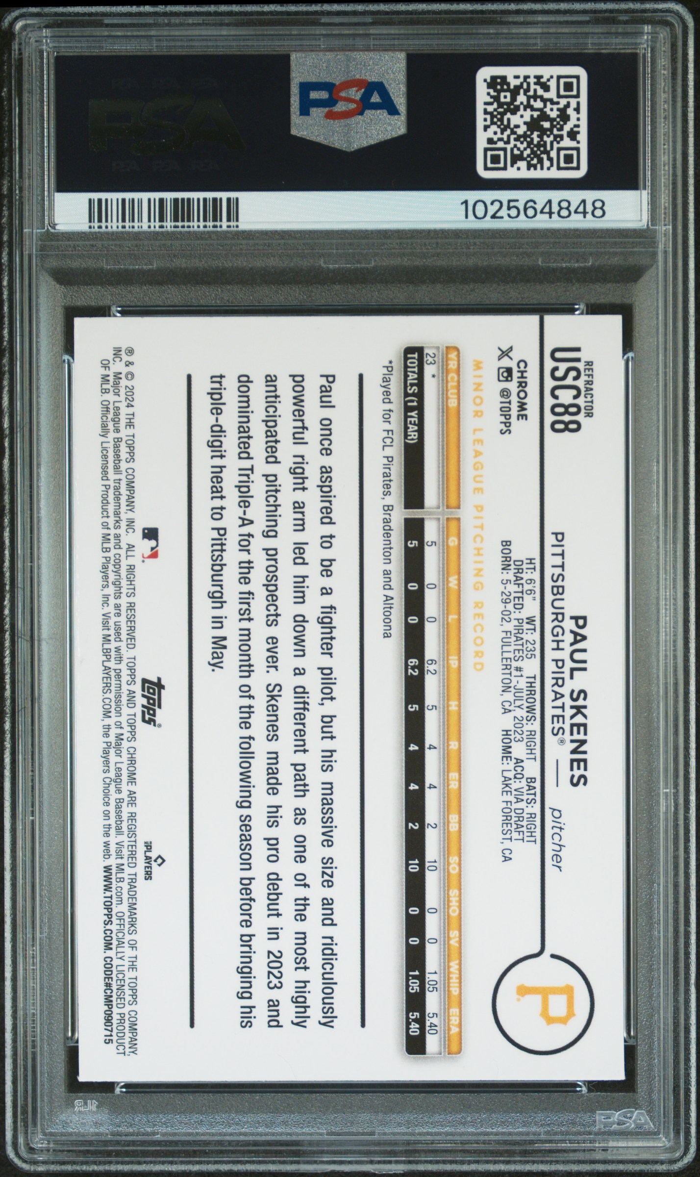 2024 Topps Chrome Update Paul Skenes #Usc88 (Refractor) Mint 9 back