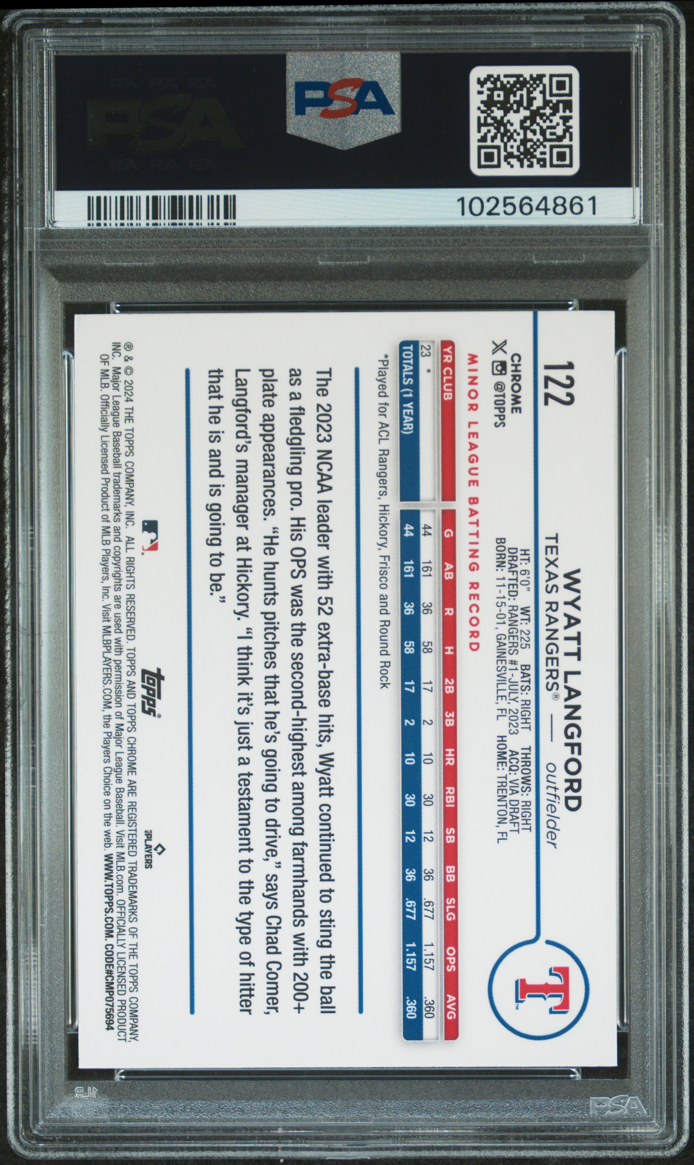 2024 Topps Chrome Wyatt Langford #122 (Prism Refractor) Mint 9 back