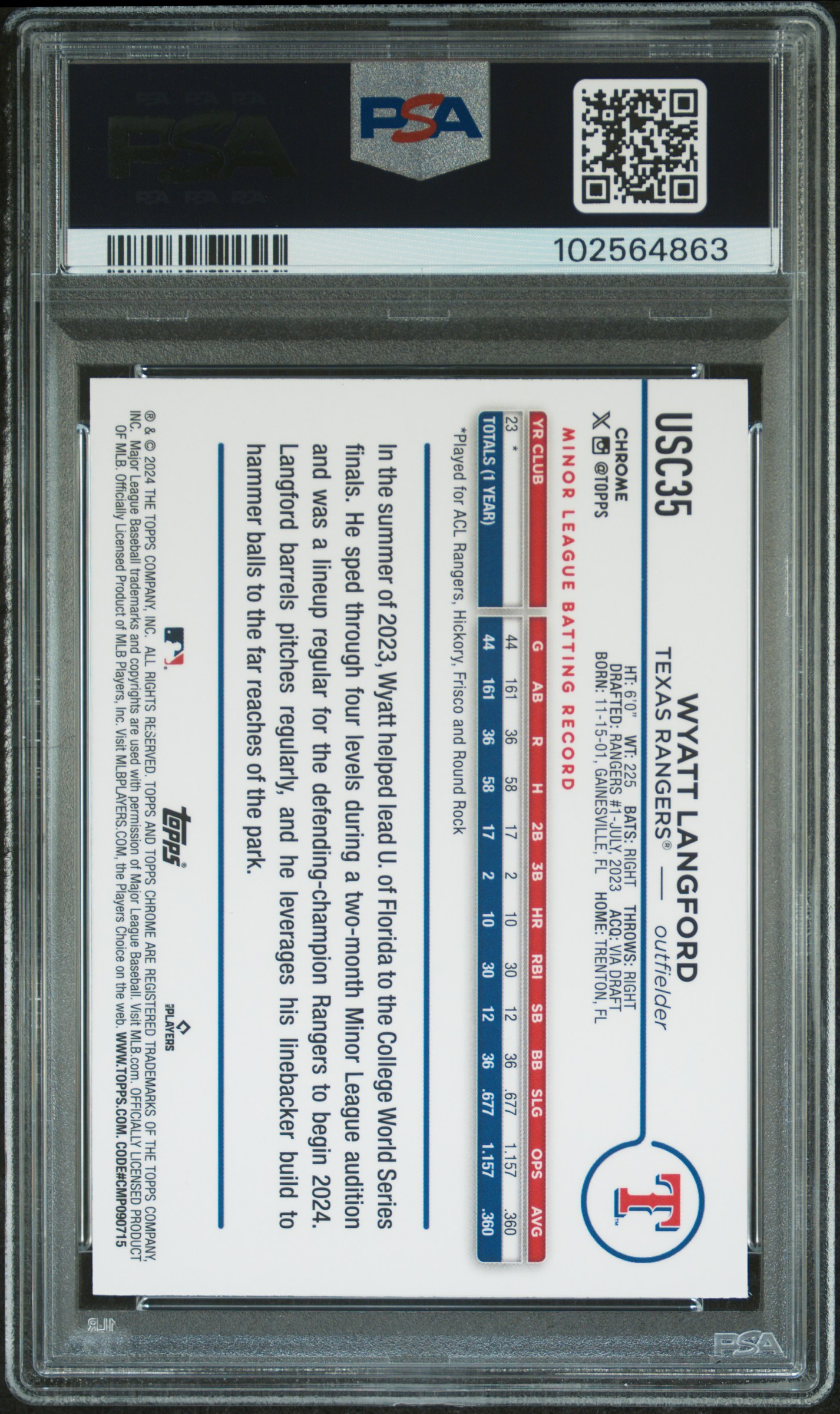 2024 Topps Chrome Update Wyatt Langford #Usc35 (X-Fractor) Gem Mt 10 back