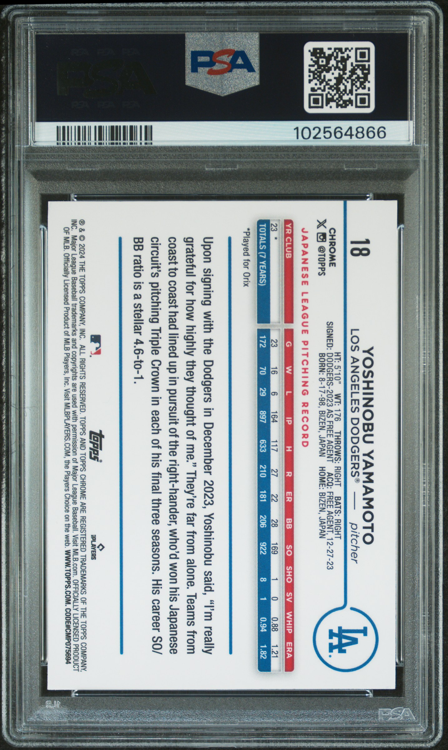 2024 Topps Chrome Yoshinobu Yamamoto #18 (Pink Refractor) Mint 9 back