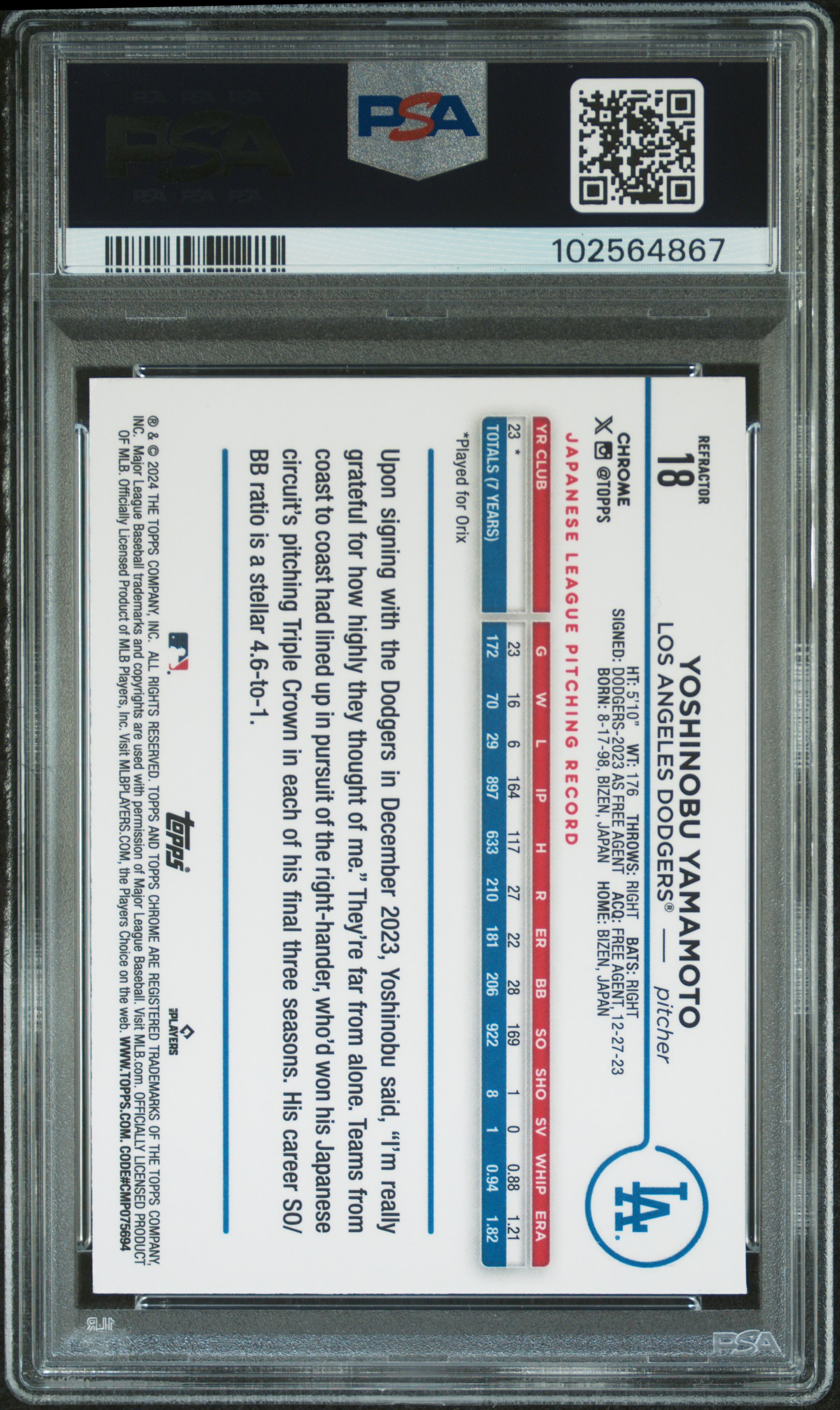 2024 Topps Chrome Yoshinobu Yamamoto #18 (Refractor) Nm-Mt 8 back