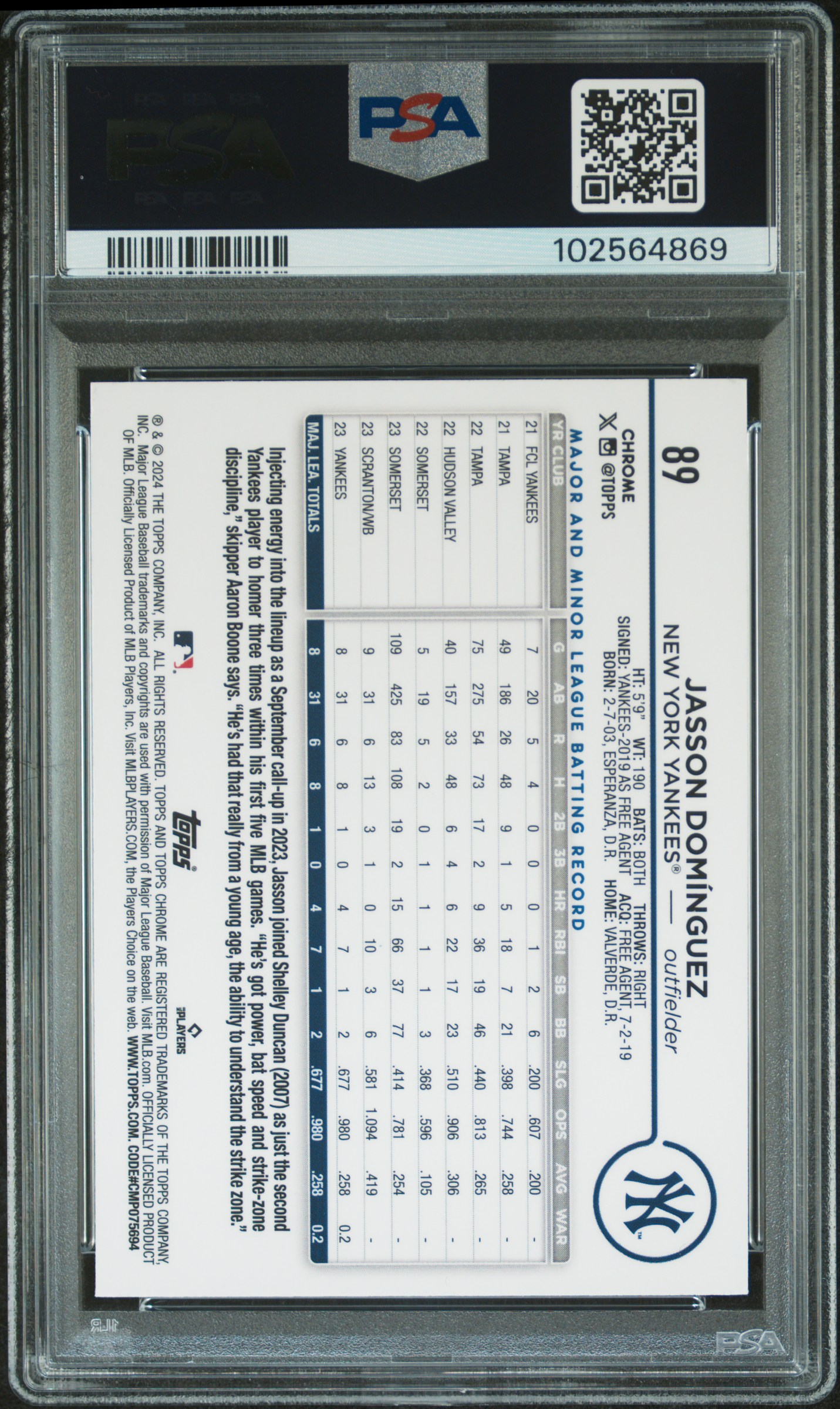 2024 Topps Chrome Jasson Dominguez #89 (Prism Refractor) Gem Mt 10 back