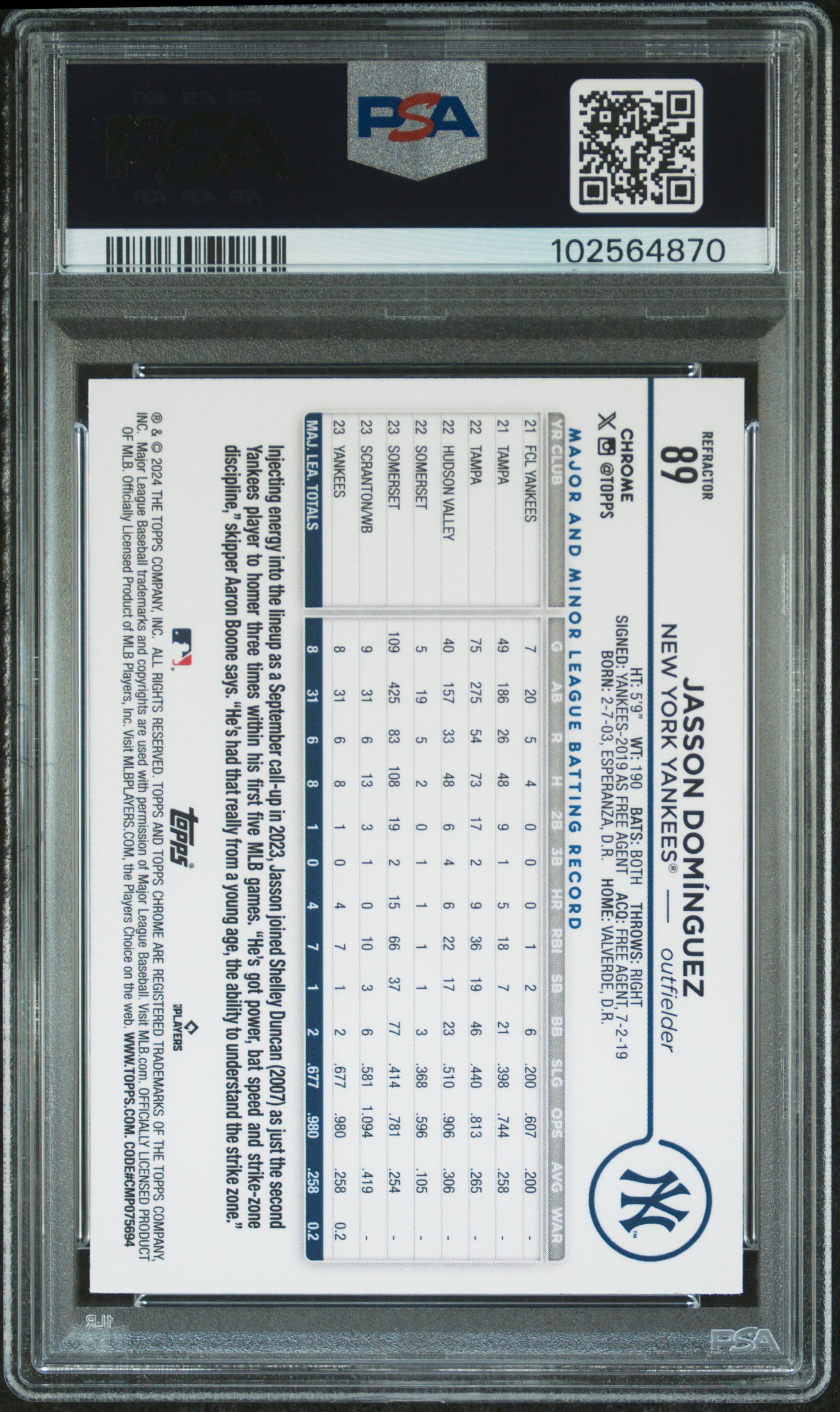 2024 Topps Chrome Jasson Dominguez #89 (Refractor) Mint 9 back