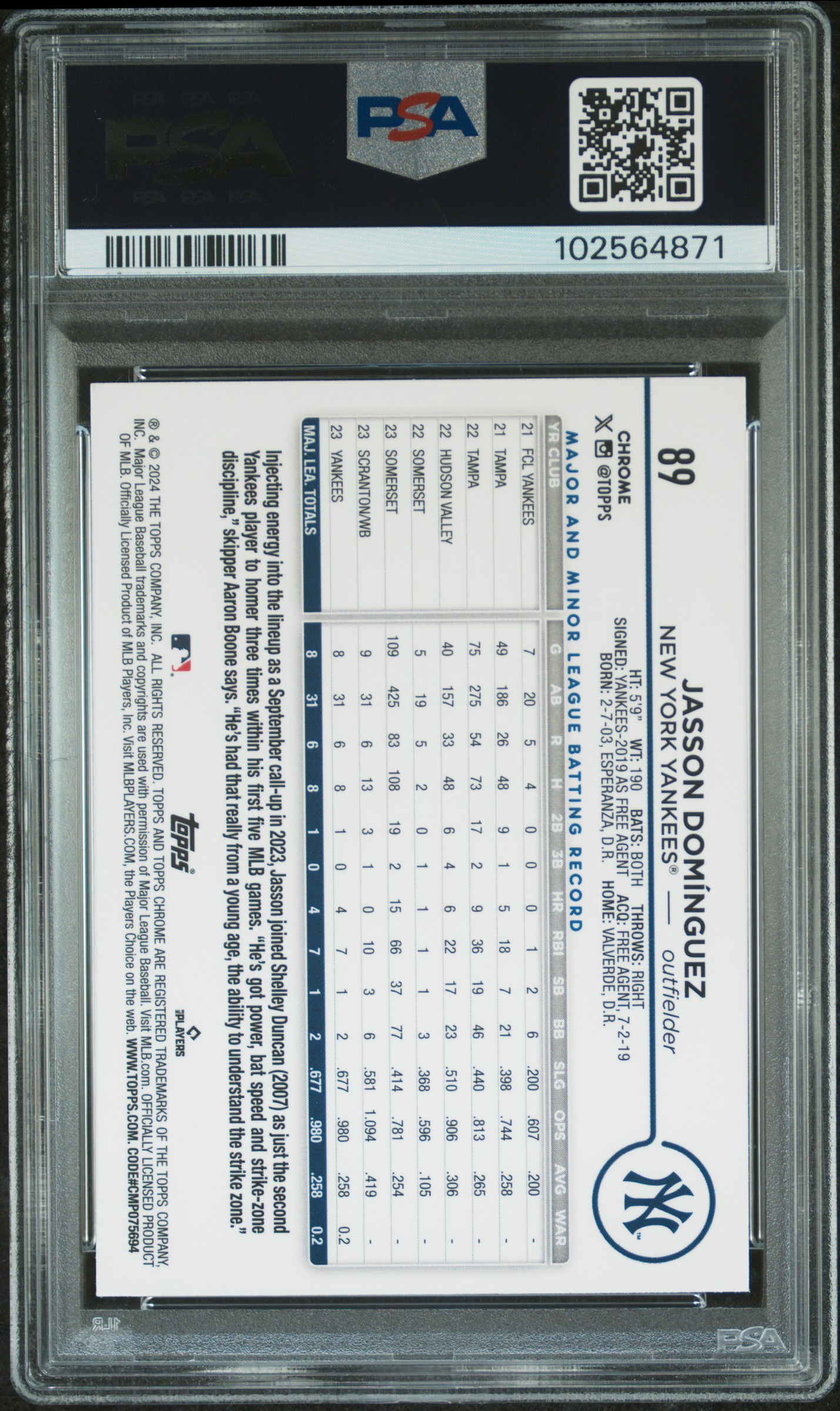 2024 Topps Chrome Jasson Dominguez #89 (Pink Refractor) Gem Mt 10 back