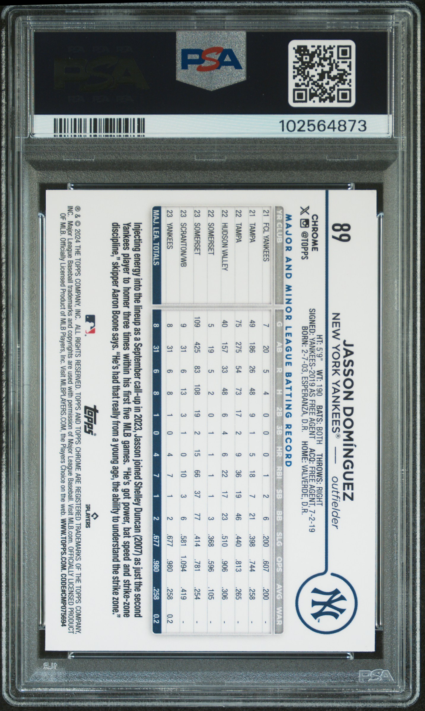 2024 Topps Chrome Jasson Dominguez #89 (Sepia Refractor) Gem Mt 10 back