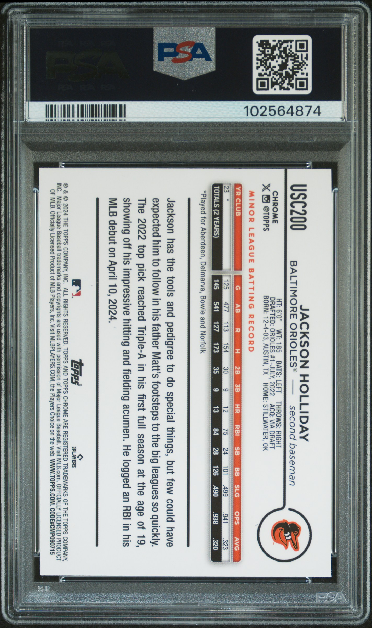 2024 Topps Chrome Update Jackson Holliday #Usc200 (X-Fractor) Mint 9 back