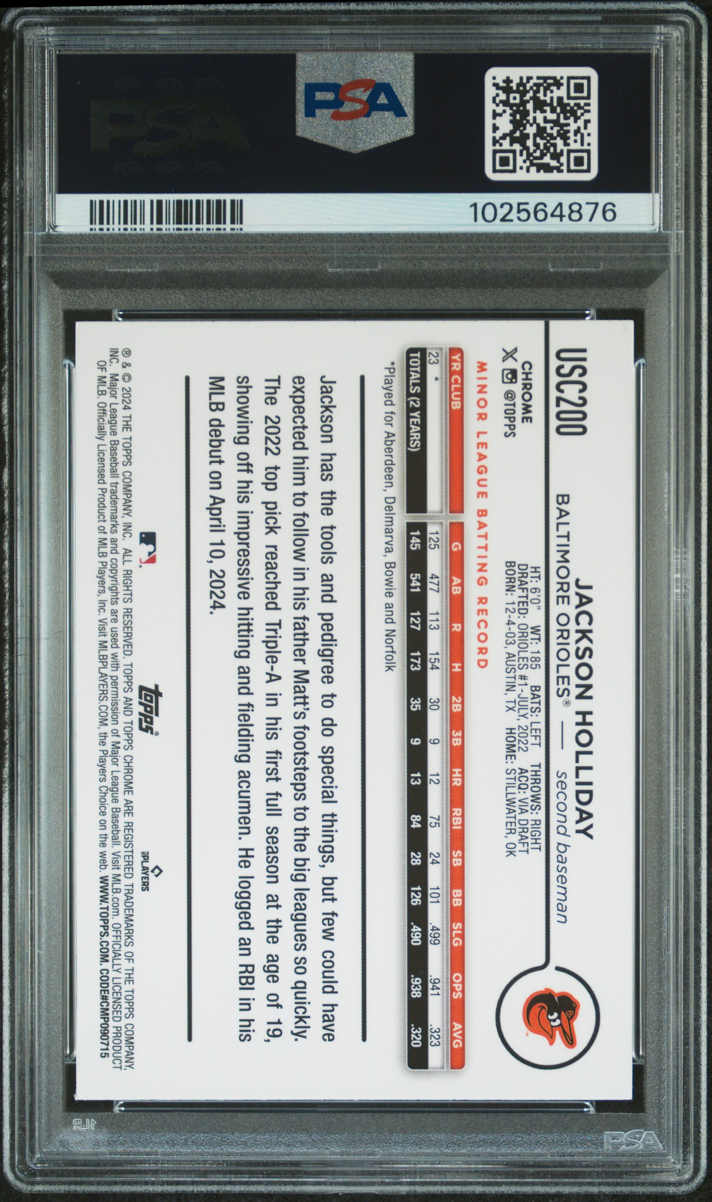 2024 Topps Chrome Update Jackson Holliday #Usc200 (X-Fractor) Gem Mt 10 back