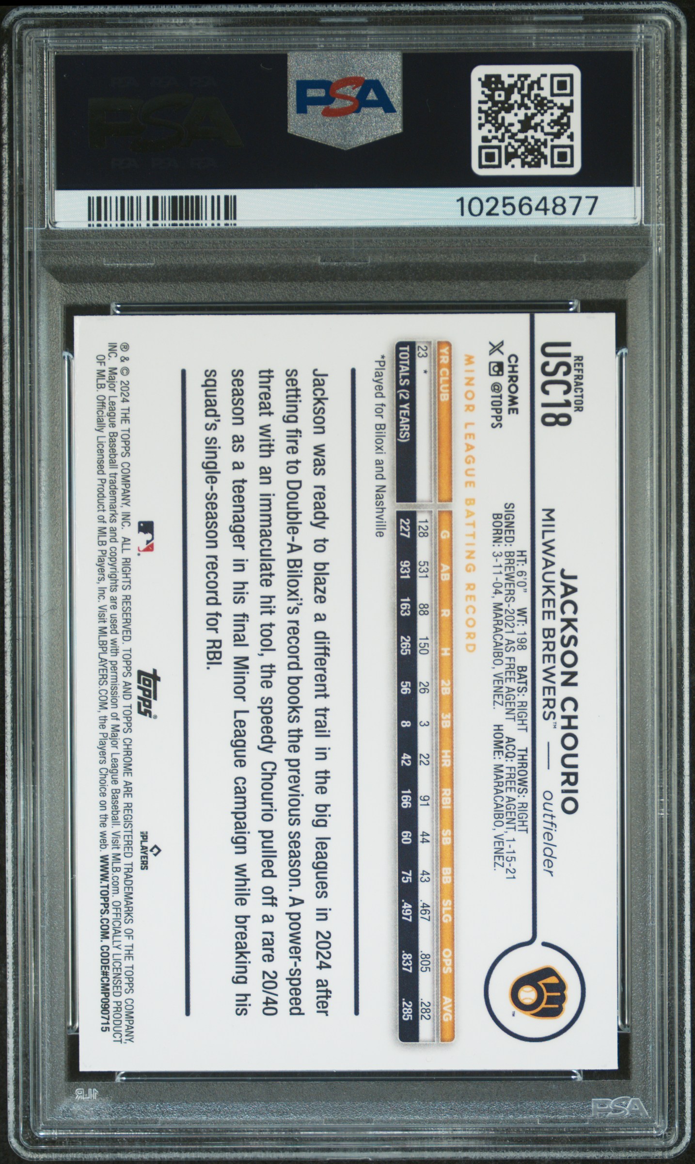 2024 Topps Chrome Update Jackson Chourio #Usc18 (Refractor) Mint 9 back