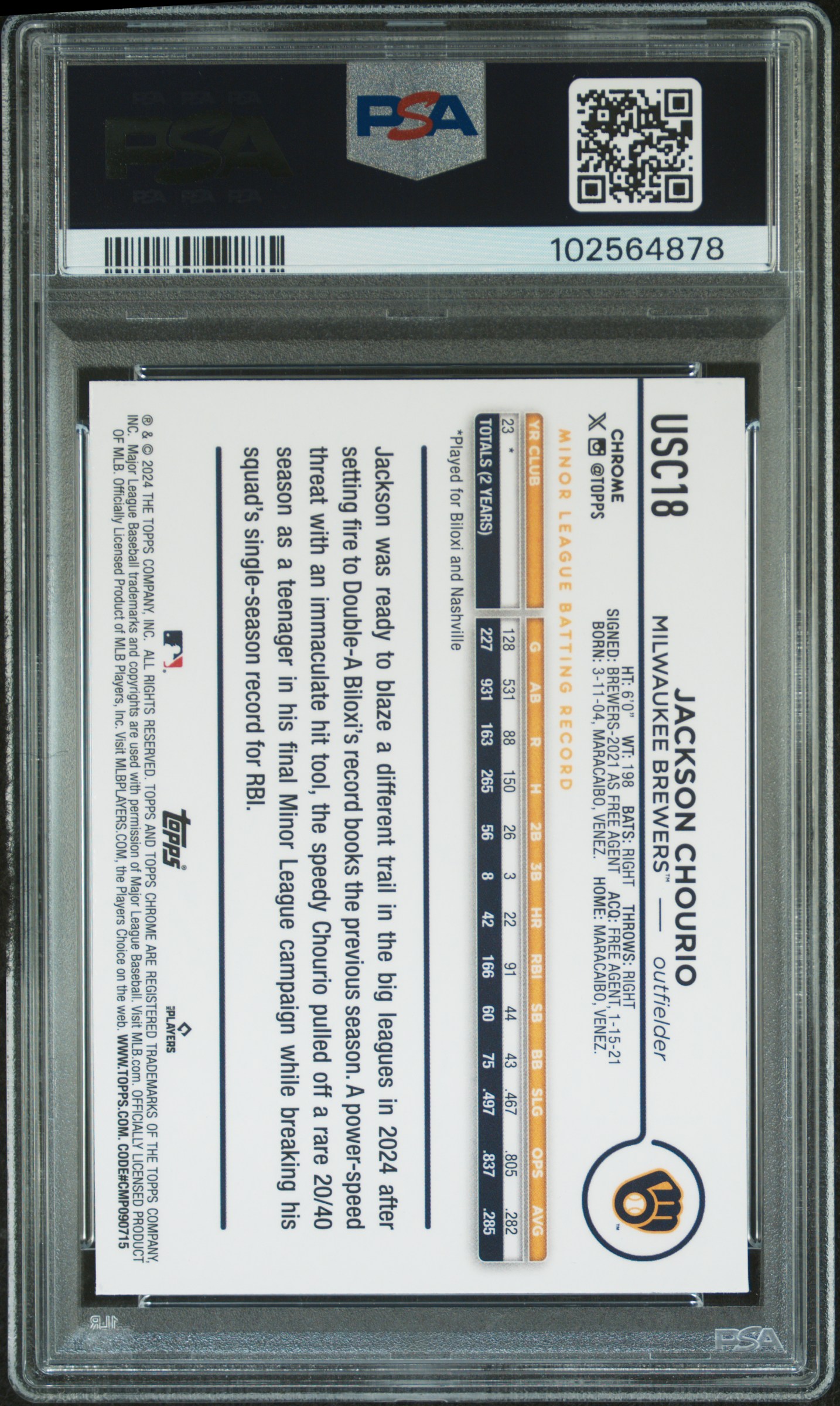 2024 Topps Chrome Update Jackson Chourio #Usc18 (X-Fractor) Gem Mt 10 back