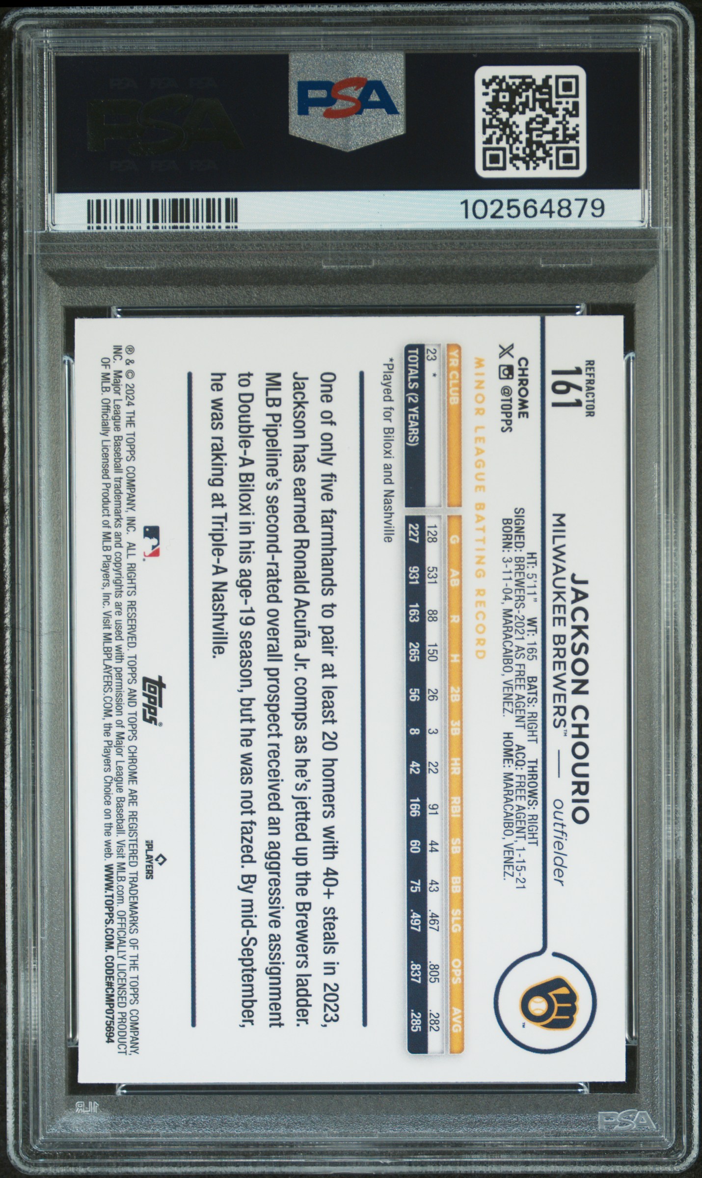 2024 Topps Chrome Jackson Chourio #161 (Refractor) Mint 9 back