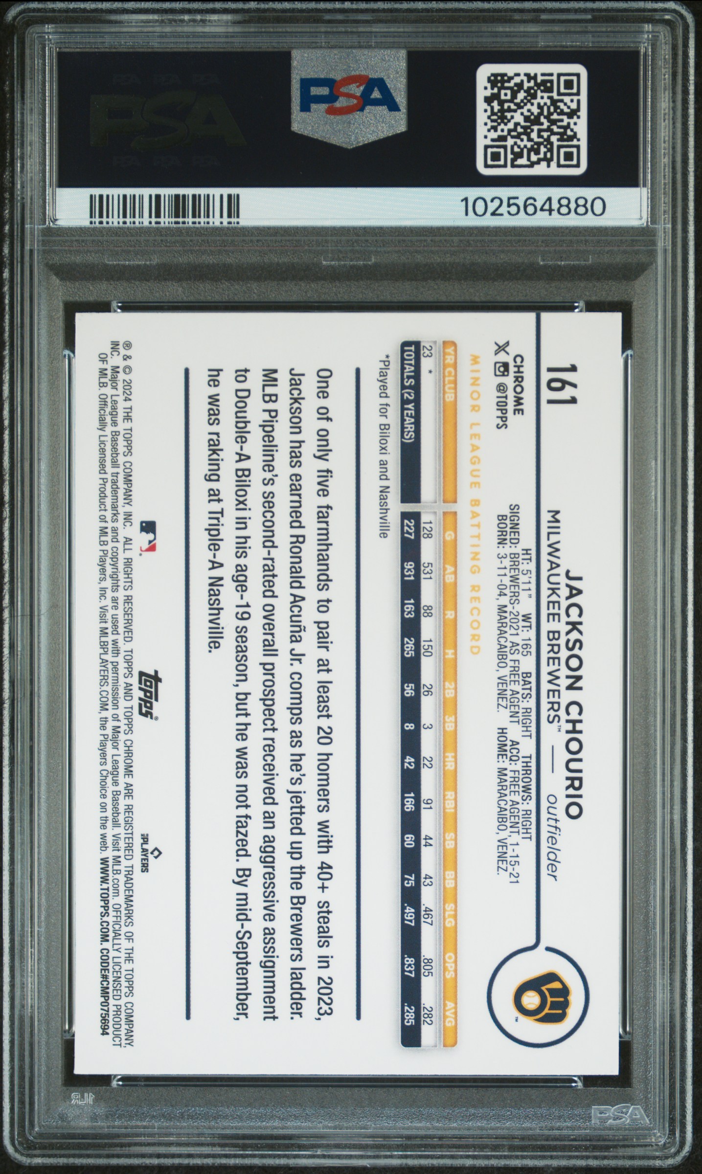 2024 Topps Chrome Jackson Chourio #161 (Pink Refractor) Gem Mt 10 back