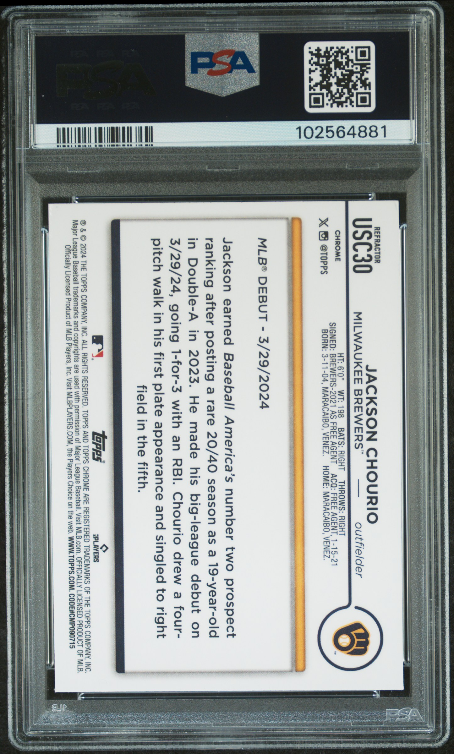 2024 Topps Chrome Update Jackson Chourio #Usc30 (Prism Refractor) Gem Mt 10 back