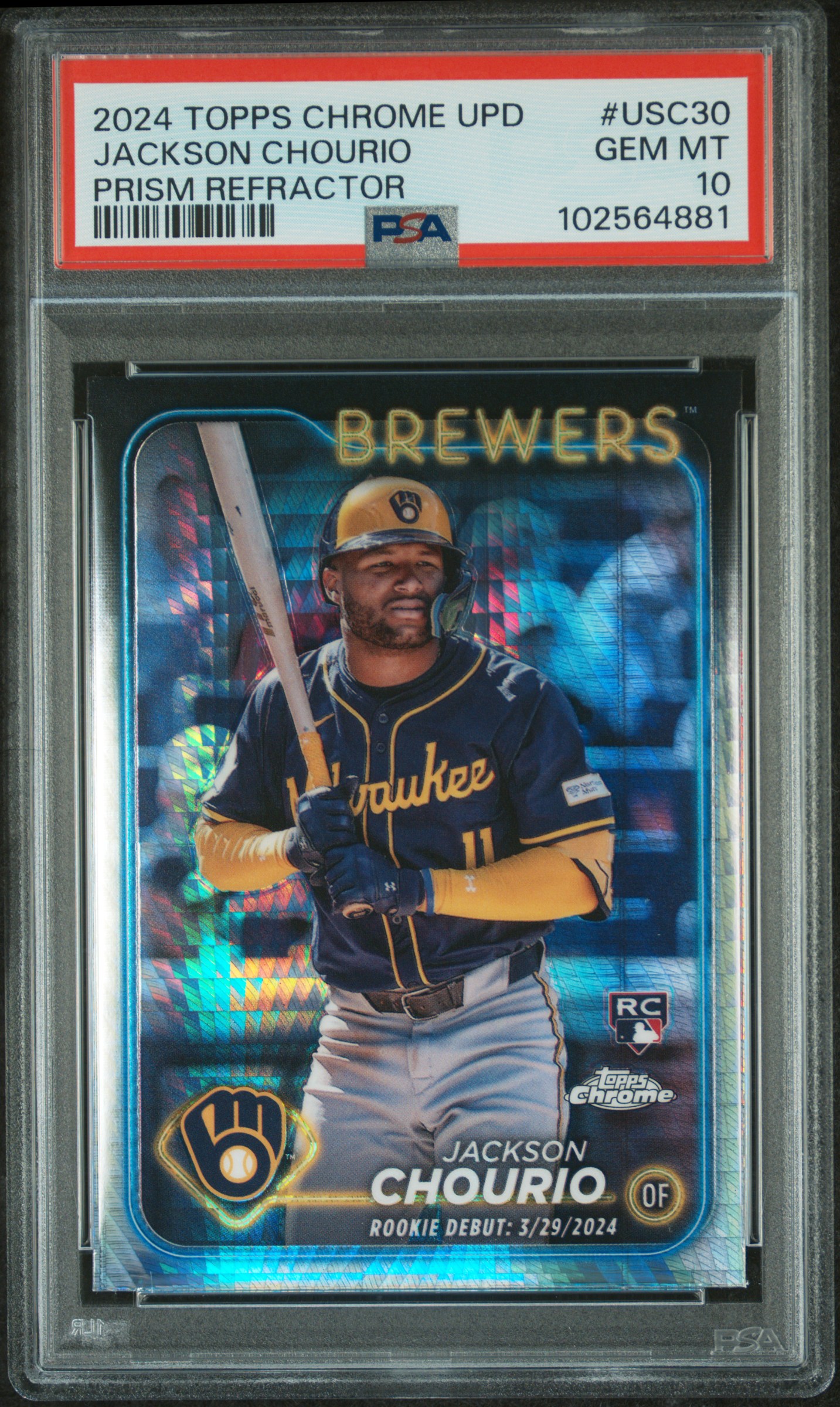 2024 Topps Chrome Update Jackson Chourio #Usc30 (Prism Refractor) Gem Mt 10 front