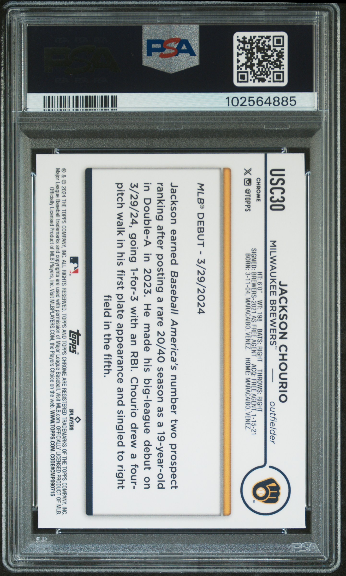 2024 Topps Chrome Update Jackson Chourio #Usc30 Mint 9 back