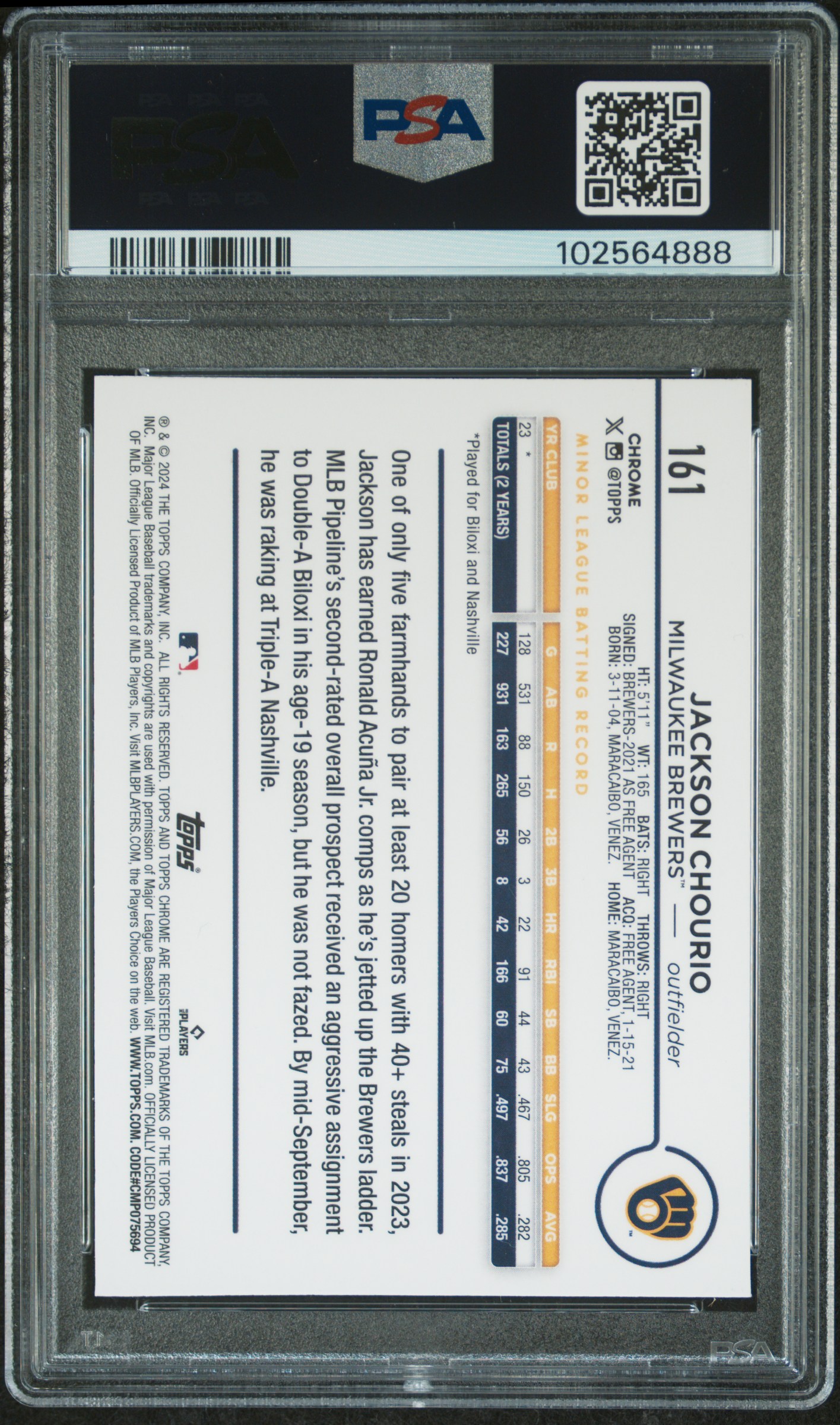 2024 Topps Chrome Jackson Chourio #161 Mint 9 back