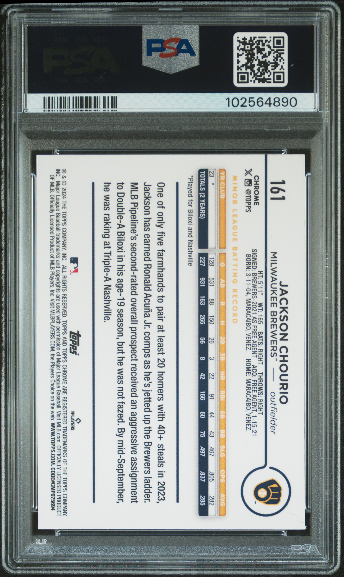 2024 Topps Chrome Jackson Chourio #161 Mint 9 back