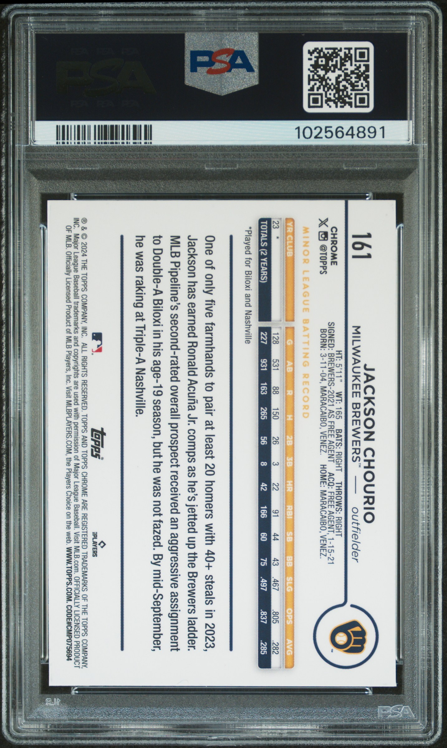 2024 Topps Chrome Jackson Chourio #161 Mint 9 back