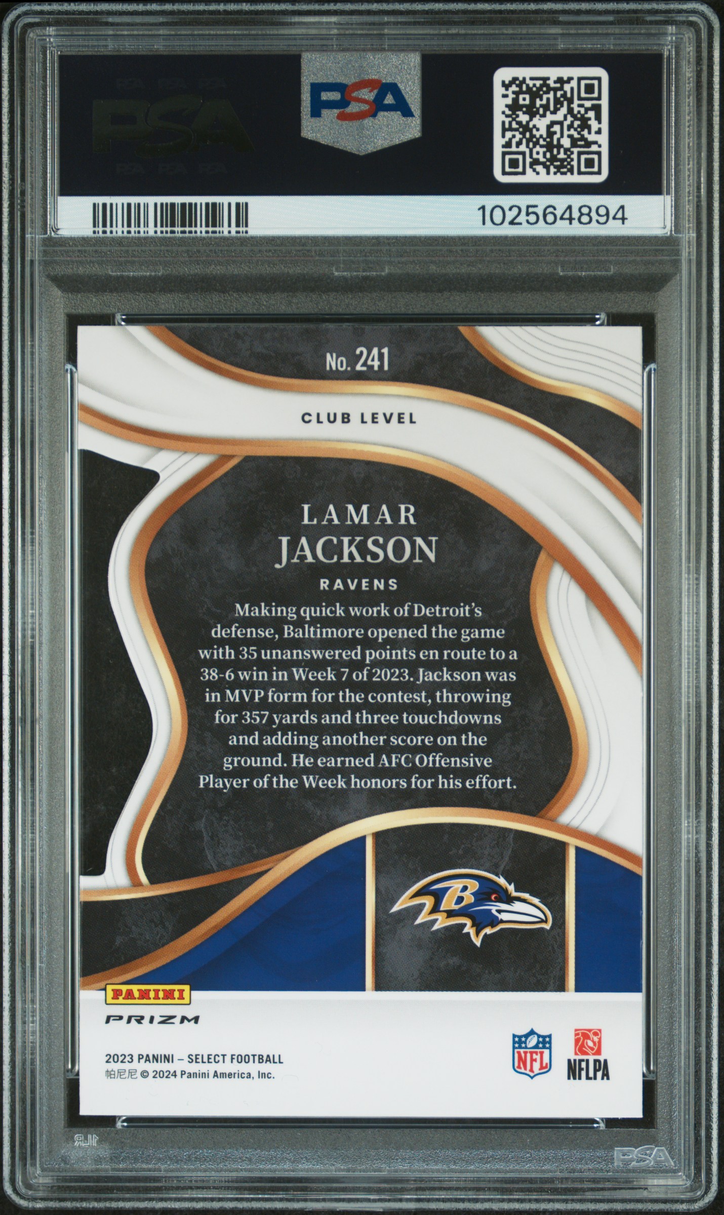 2023 Panini Select Lamar Jackson #241 (Die-Cut Zebra Prizm) Gem Mt 10 back