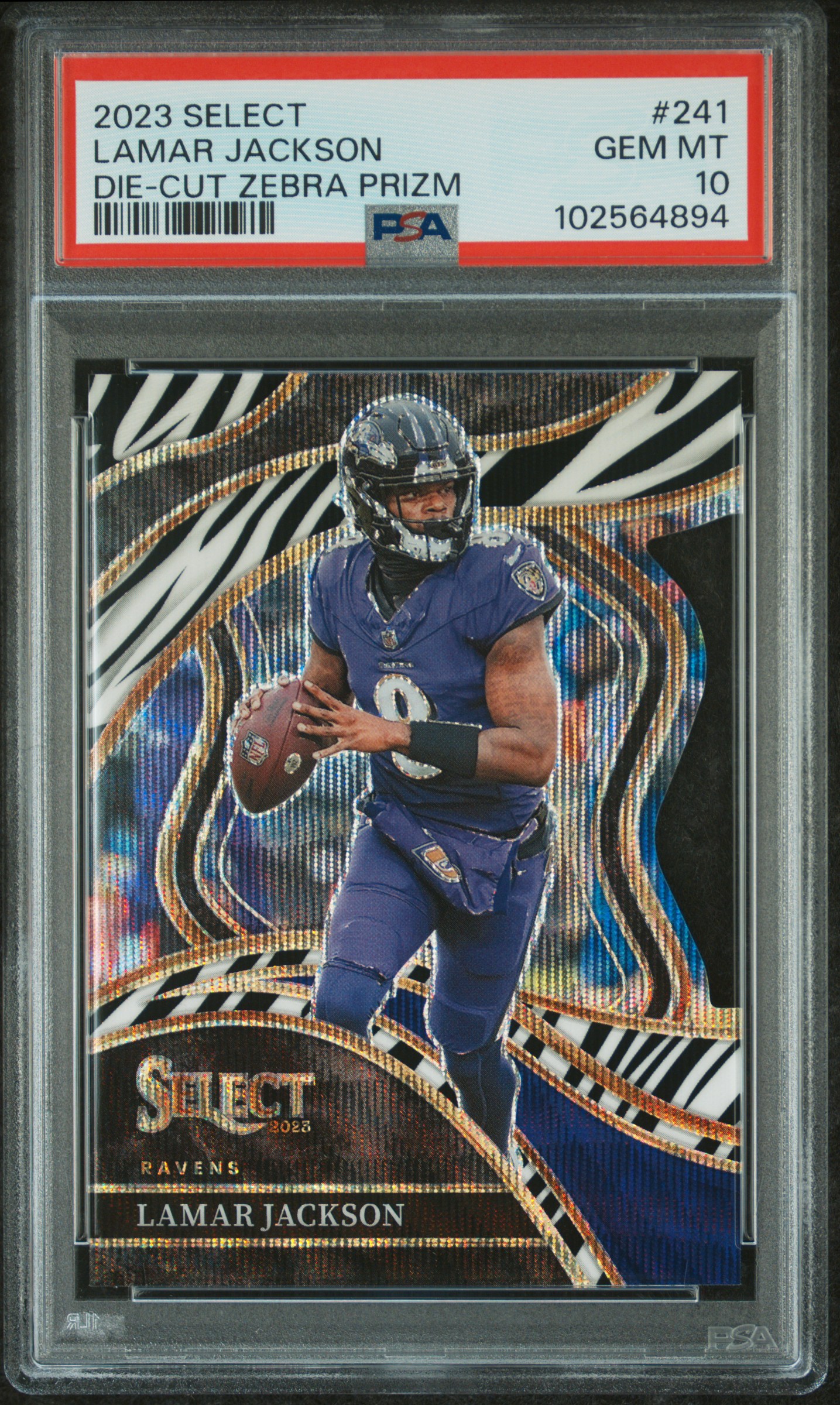 2023 Panini Select Lamar Jackson #241 (Die-Cut Zebra Prizm) Gem Mt 10 front