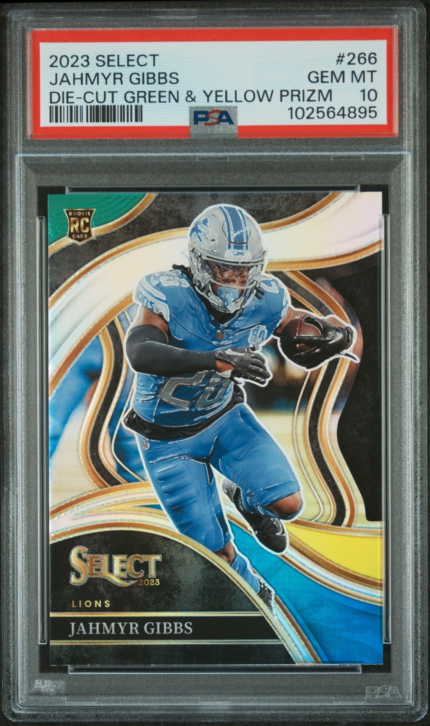 2023 Panini Select Jahmyr Gibbs #266 (Die-Cut Green & Yellow Prizm) Gem Mt 10 front