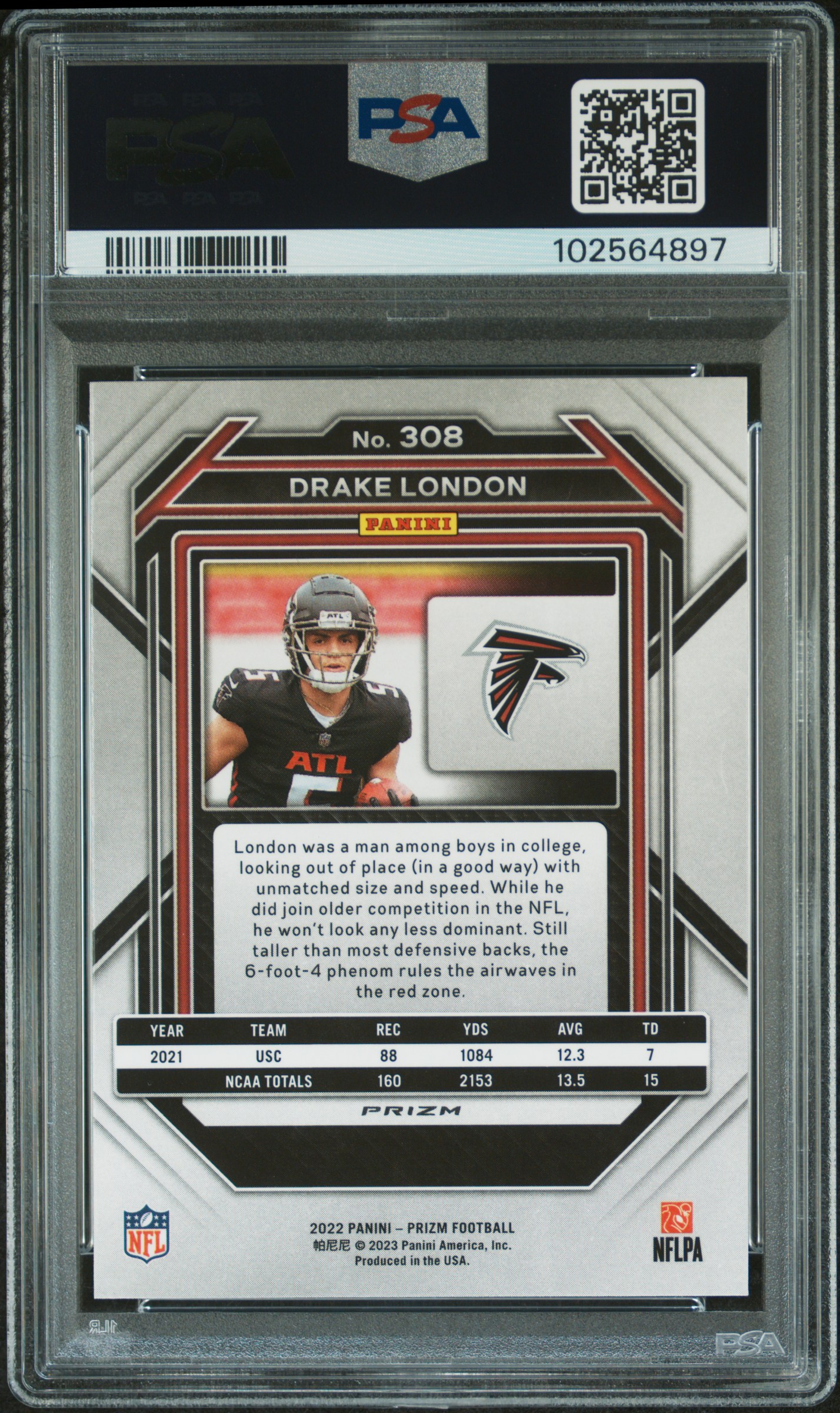 2022 Panini Prizm Drake London #308 (Red/White/Blue) Gem Mt 10 back