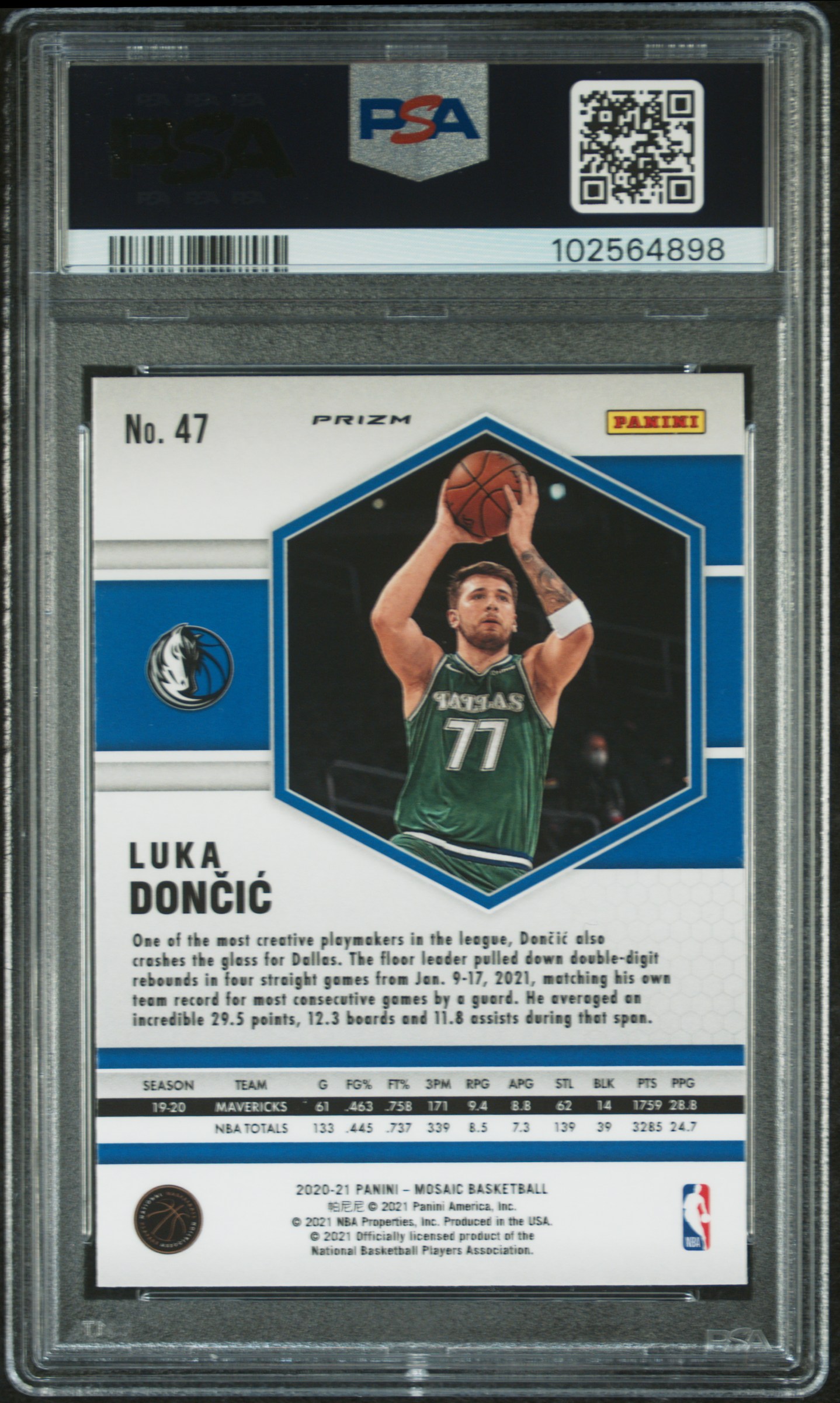 2020 Panini Mosaic Luka Doncic #47 (Reactive Orange) Gem Mt 10 back